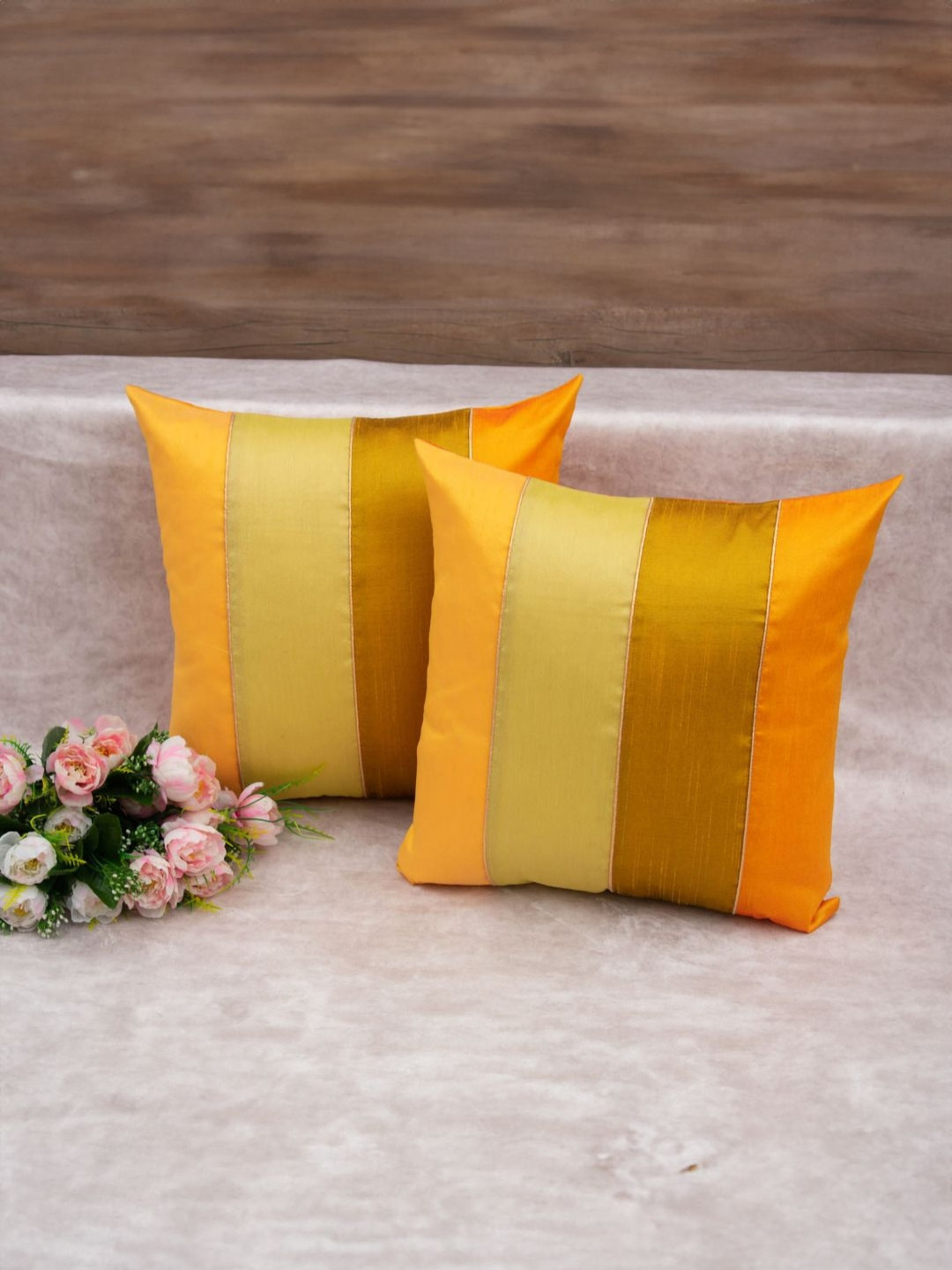 RoyalDeco Royal Yellow & Green 2 Pieces Silk Striped Square Cushion Covers