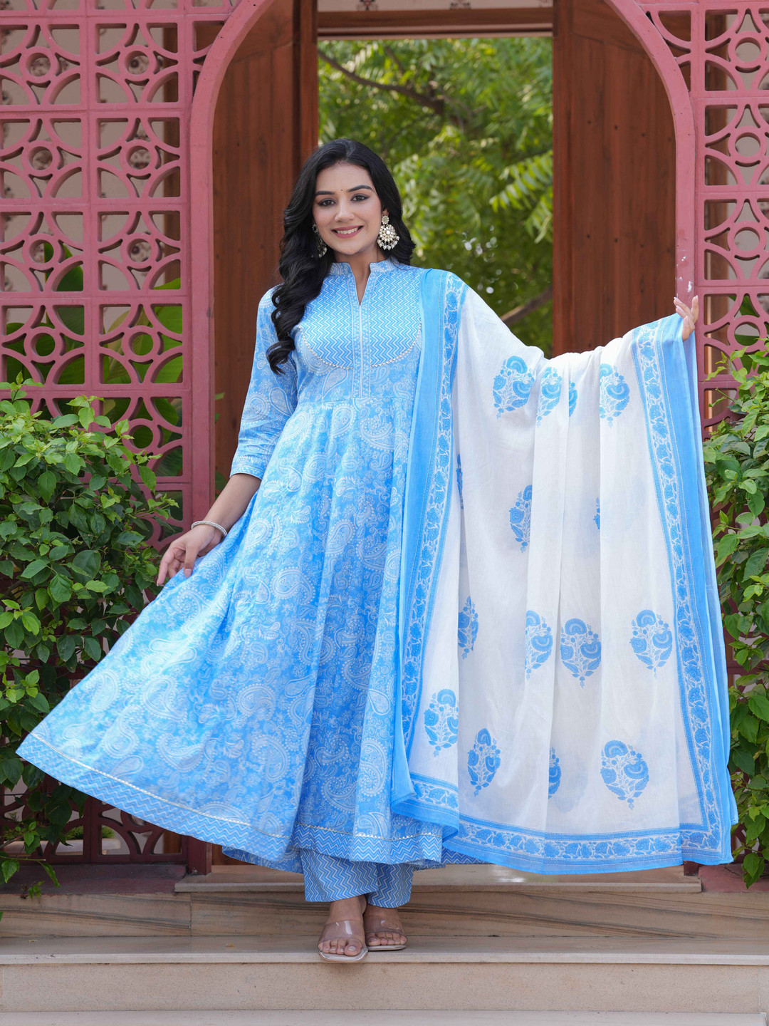 JAIMINI Women Floral Printed Layered Sequinned Pure Cotton Kurta with Trousers & With Dupatta