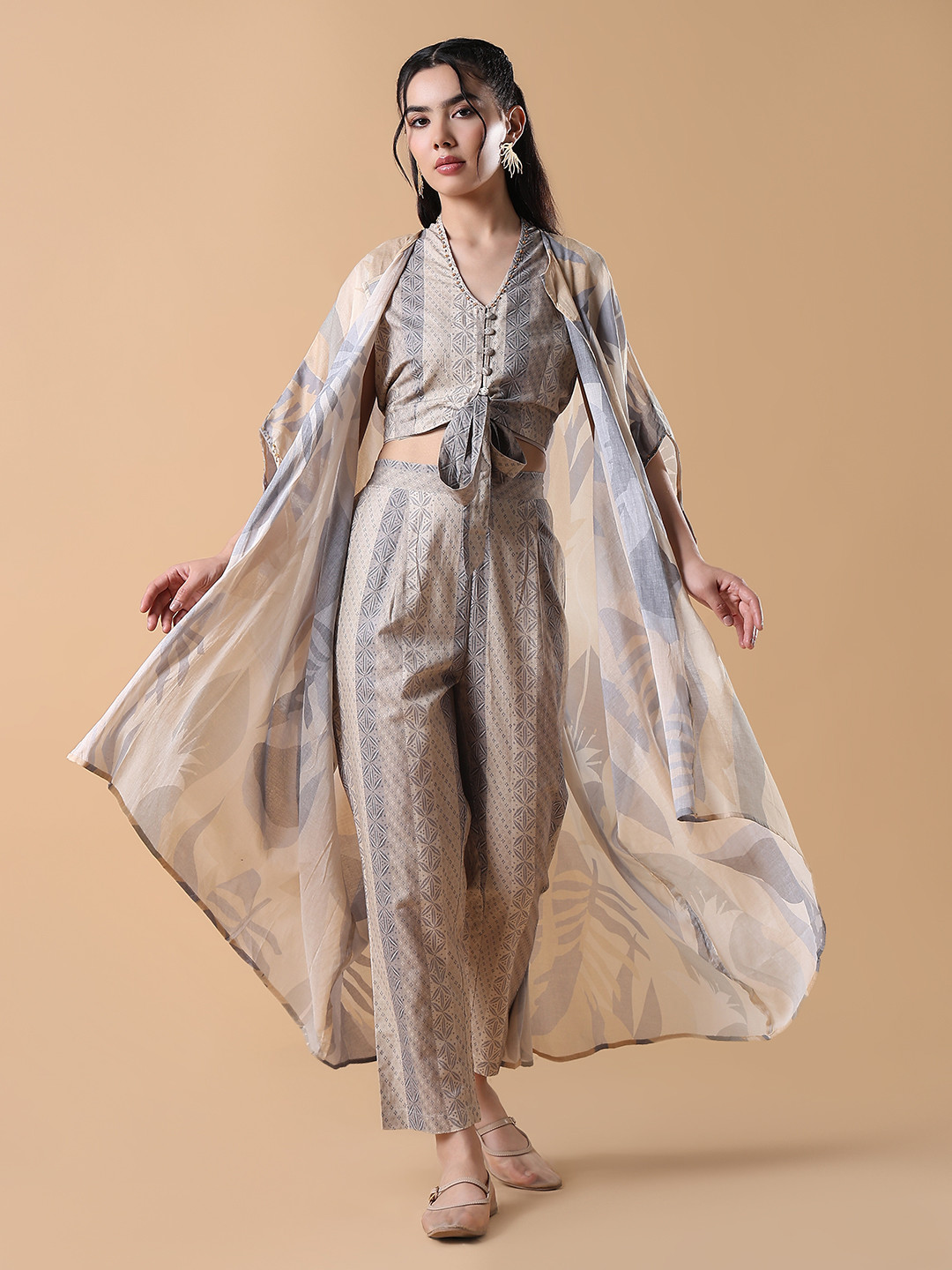 SHOWOFF Printed V Neck Top With Trousers & Shug