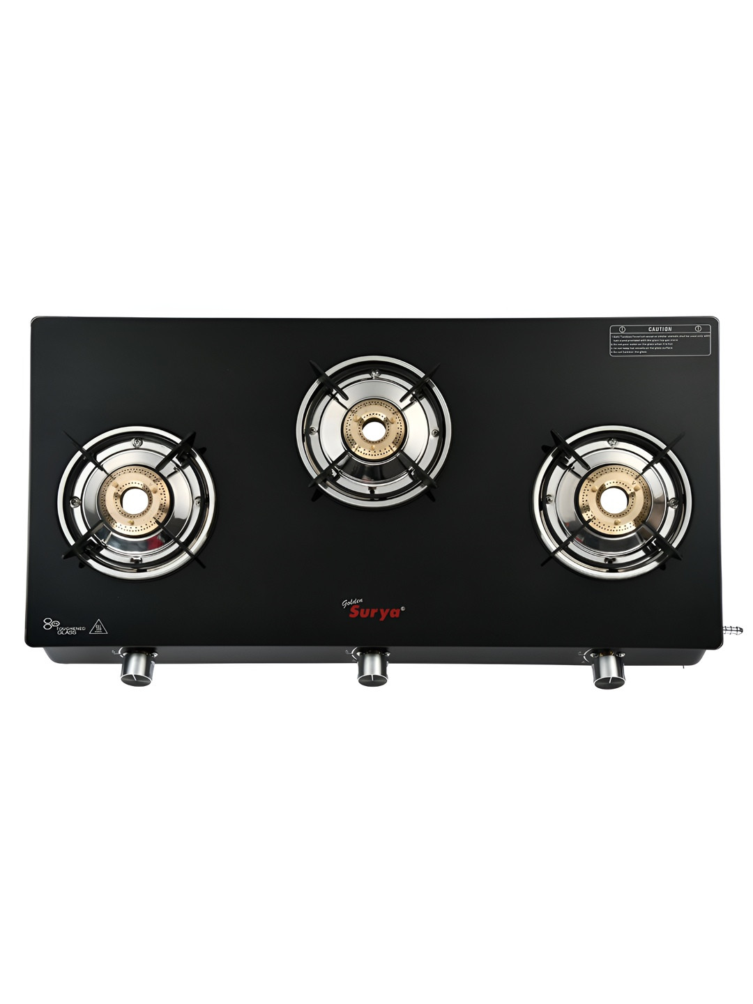 GOLDEN SURYA Black 3 Burner Glass Top Manual Gas Stove