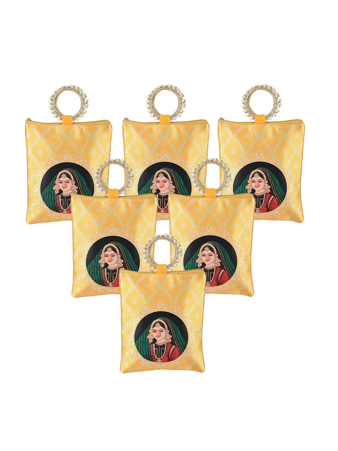 Kuber Industries 6 Pcs Silk Small Women Hand Bag Printed Shopper Tote Bag with Applique