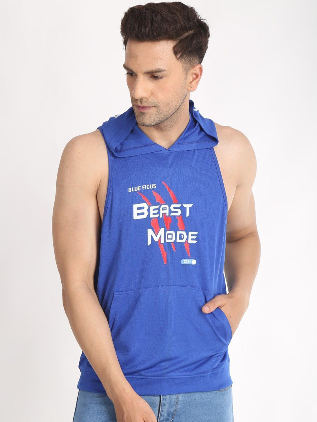 BLUEFICUS Printed Pure Cotton Hooded Vest A_301-Gym Hooded Vest-Blue-M