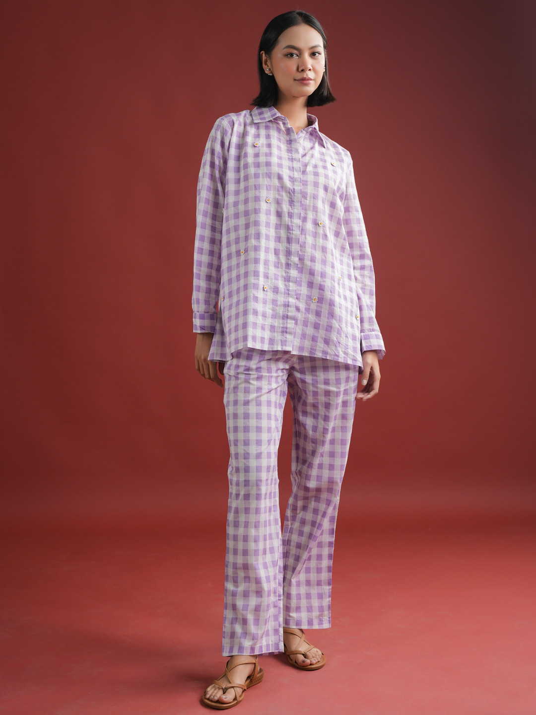 Aura By Sanskrutihomes Purple Checked Pure Cotton Shirt With Trouser