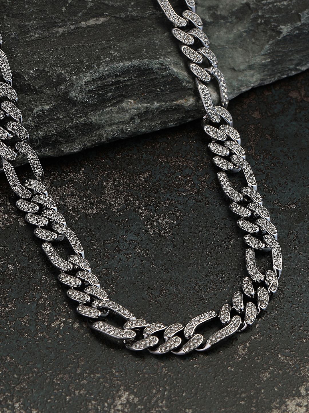French Accent Men Silver-Plated Artificial Stones Studded Statement Chain