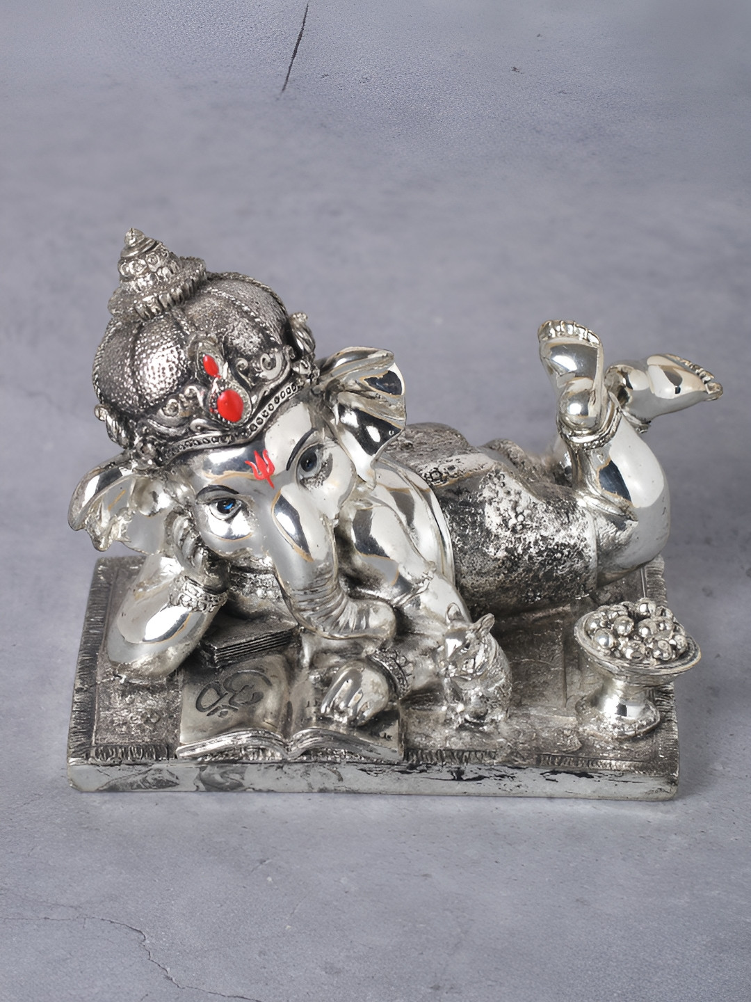 Funku Fashion Sleeping Ganesha with Right Trunk Silver Polyresin Natural Prayer Room Small Showpiece - 5 Inches