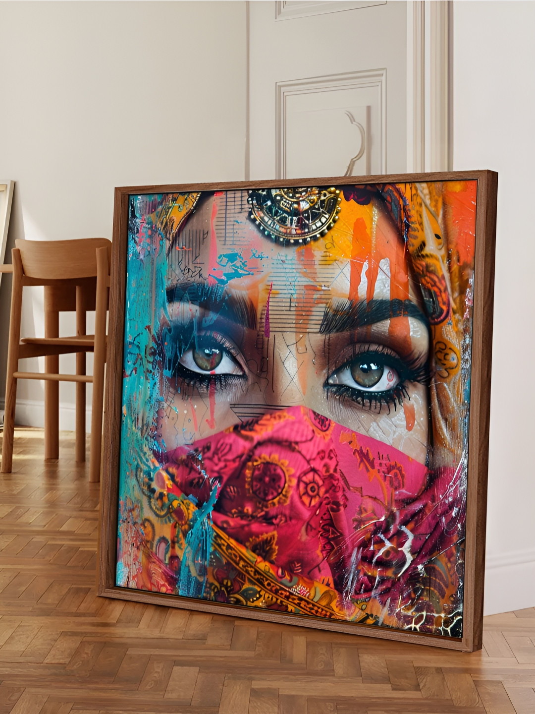 Myntra Elegant Homes Red & Blue Masked Girl Printed Canvas Wall Art