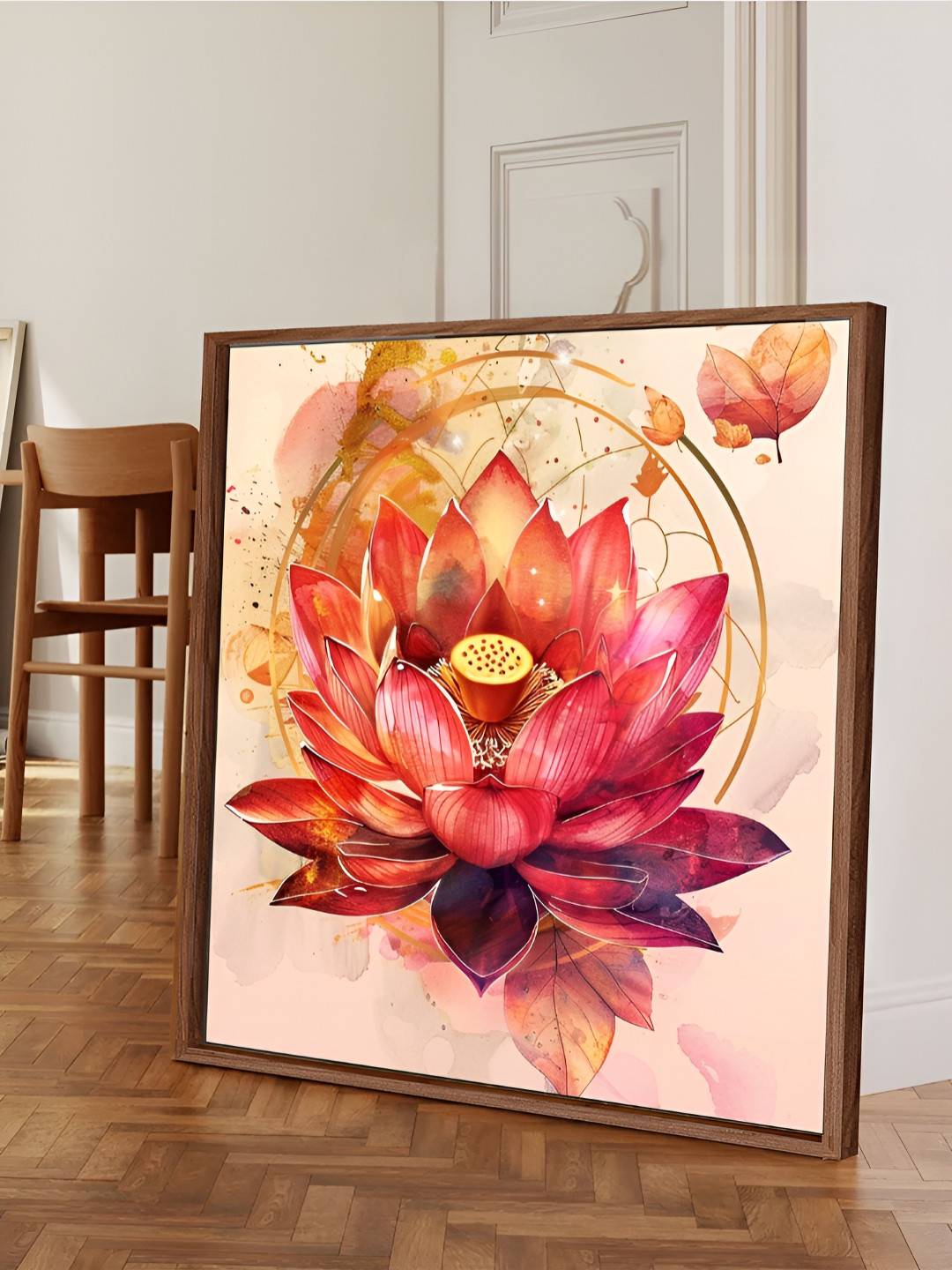 Myntra Elegant Homes Pink & Yellow Lotus Floral and Botanical Printed Canvas Wall Art