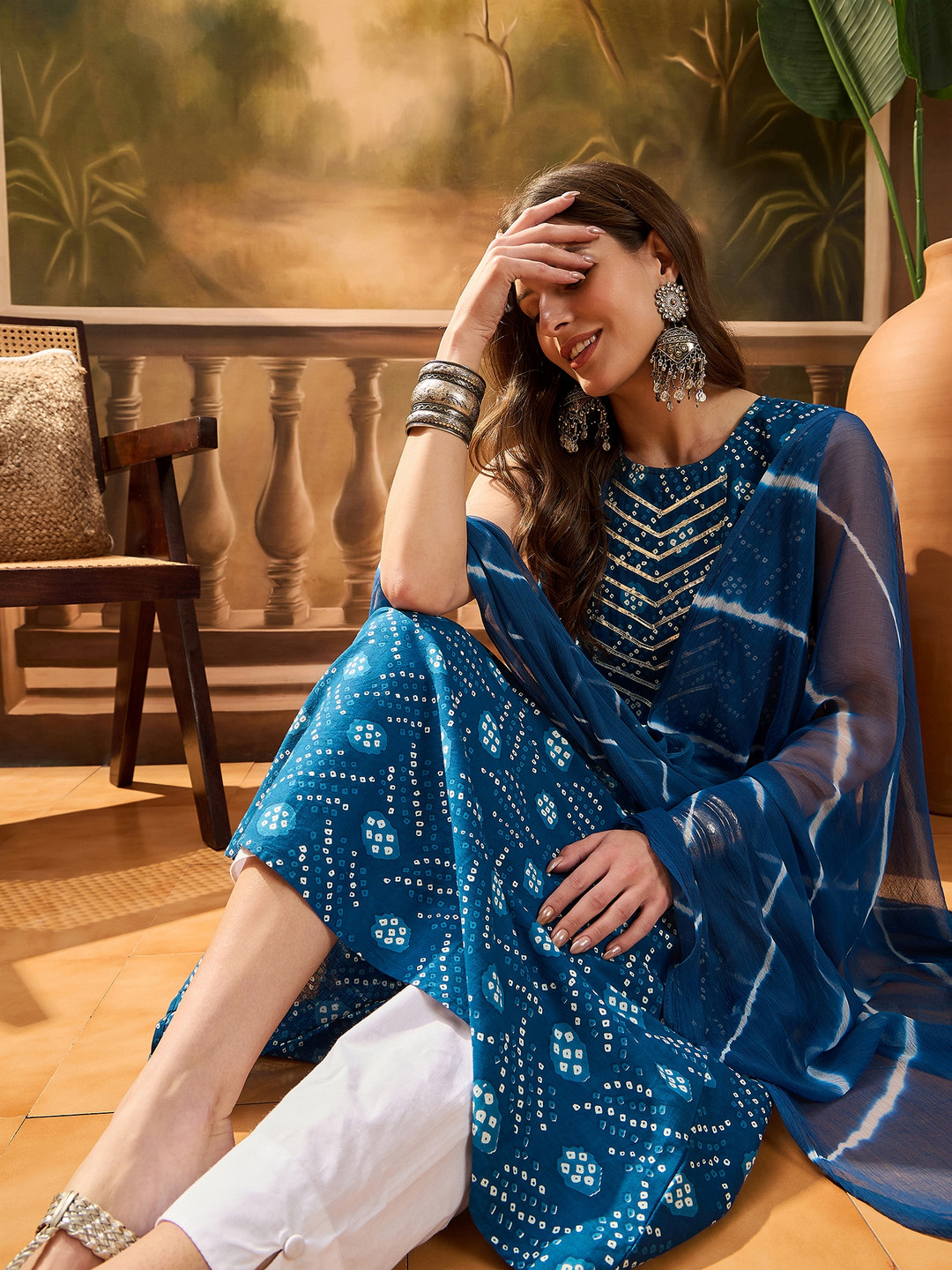 Sangria Women's Bandhej Printed Cotton Flared Kurta with Dupatta