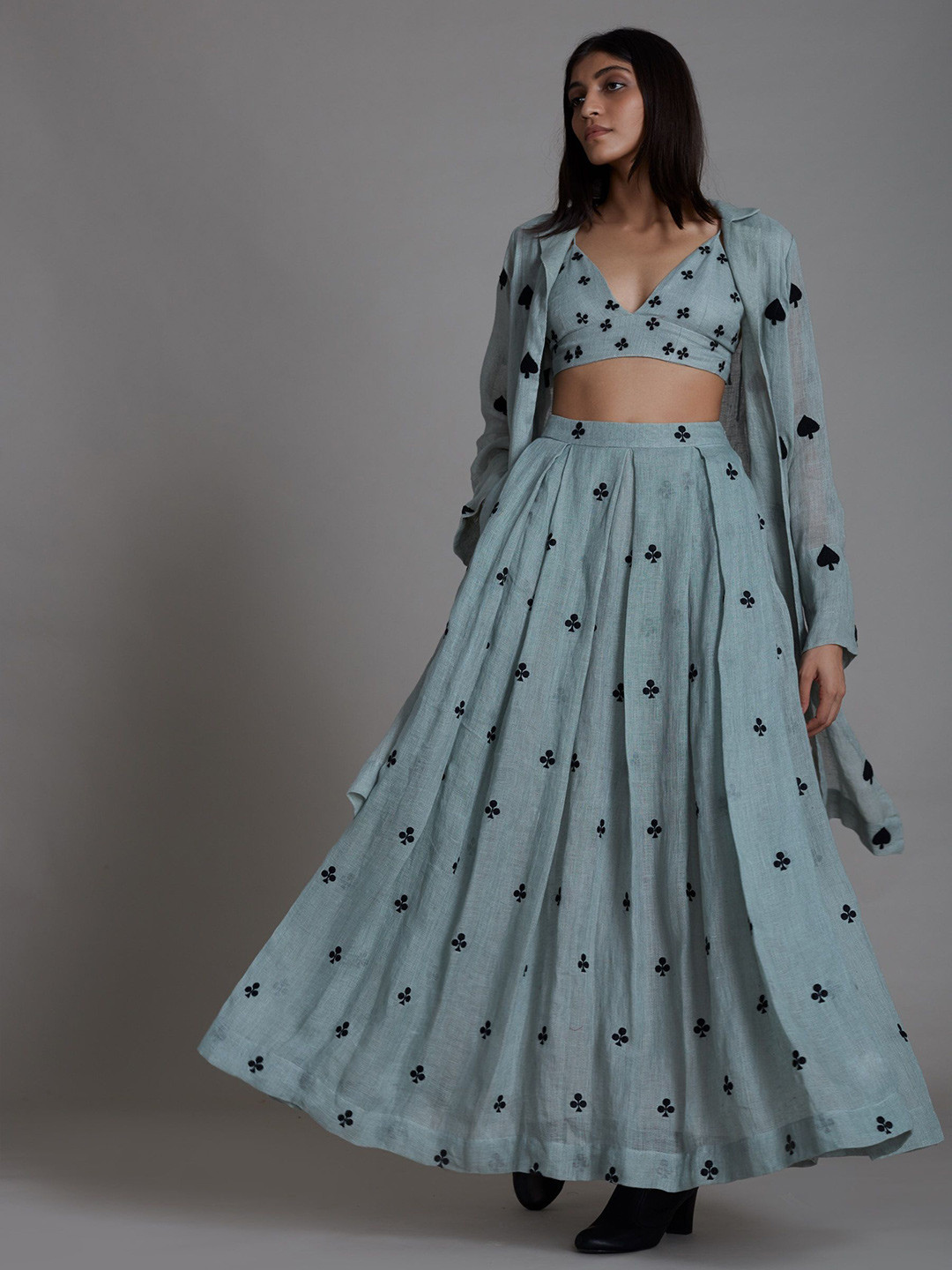 MATI Printed Shoulder Straps Linen Ready to Wear Lehenga With Blouse And Shrug