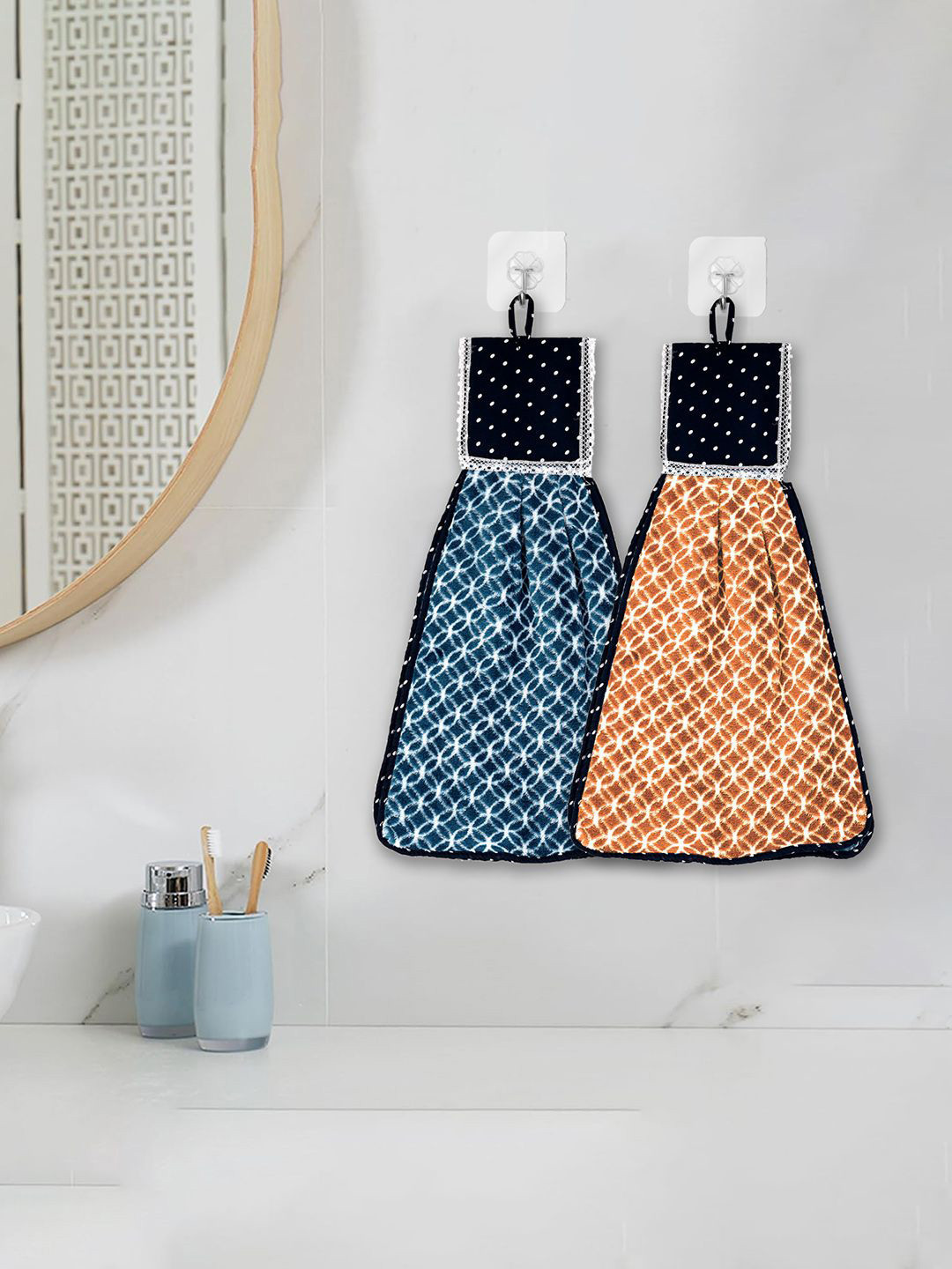 Kuber Industries Brown & Blue 2 Pieces Zig Zag Washbasin Hanging Kitchen Towel With Ties