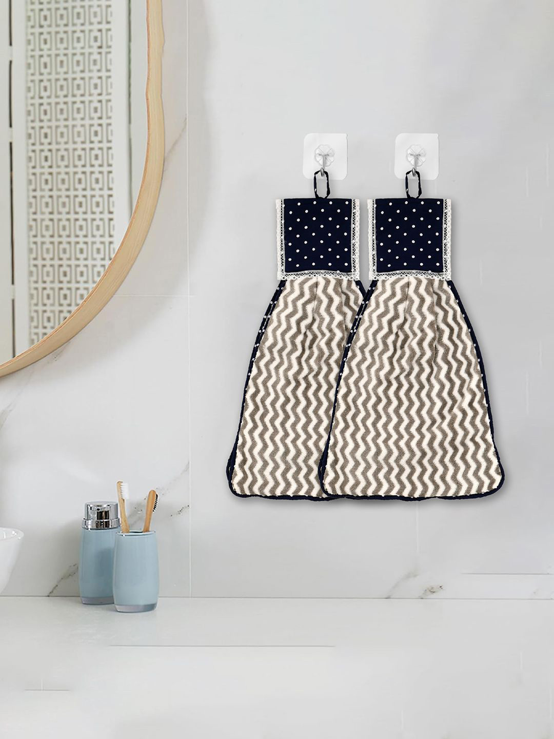 Kuber Industries Grey & White 2 Pieces Zig Zag Washbasin Hanging Kitchen Towel With Ties