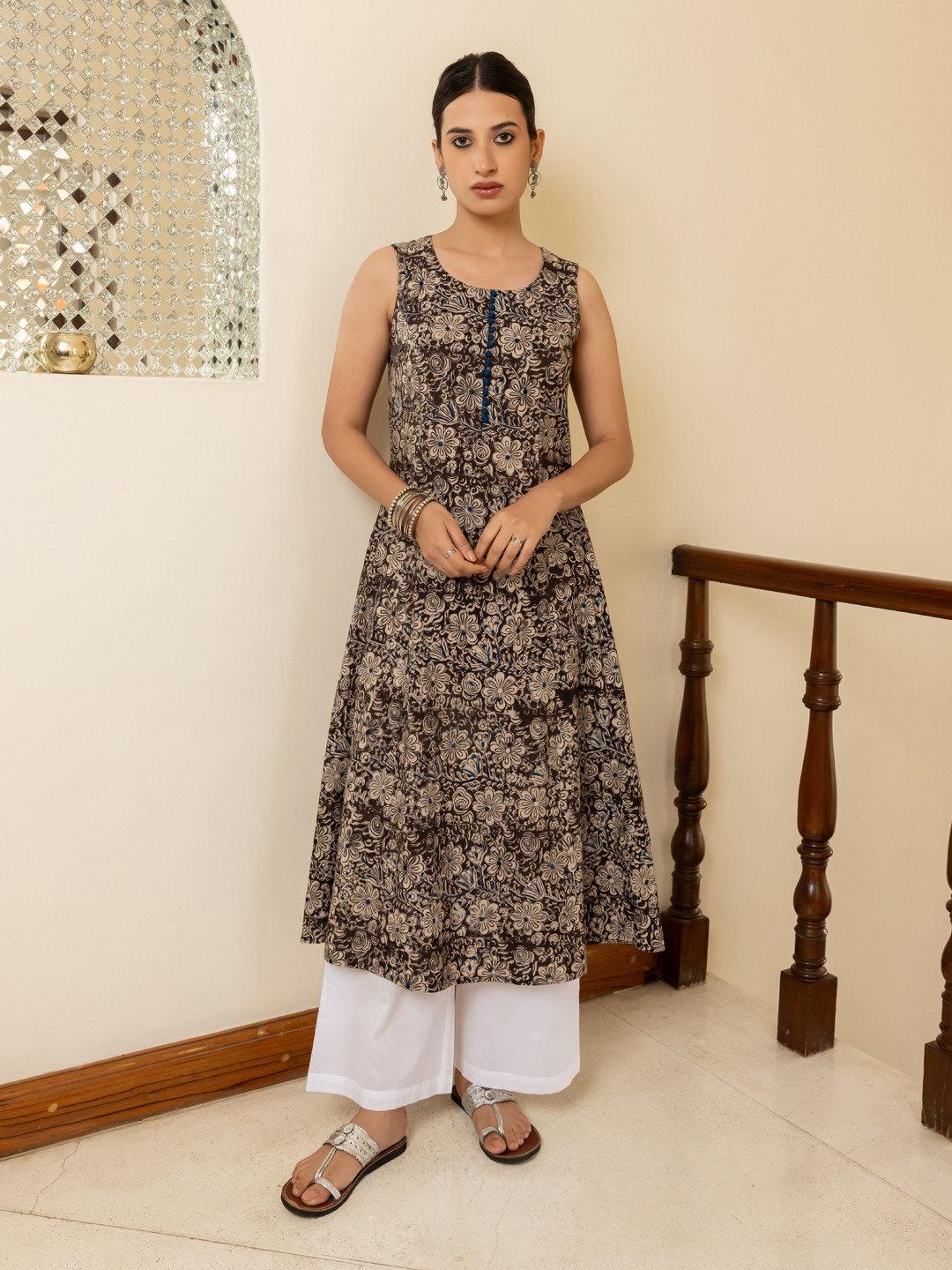 FIORRA Women's Brown Floral Printed Cotton Flared Kurta