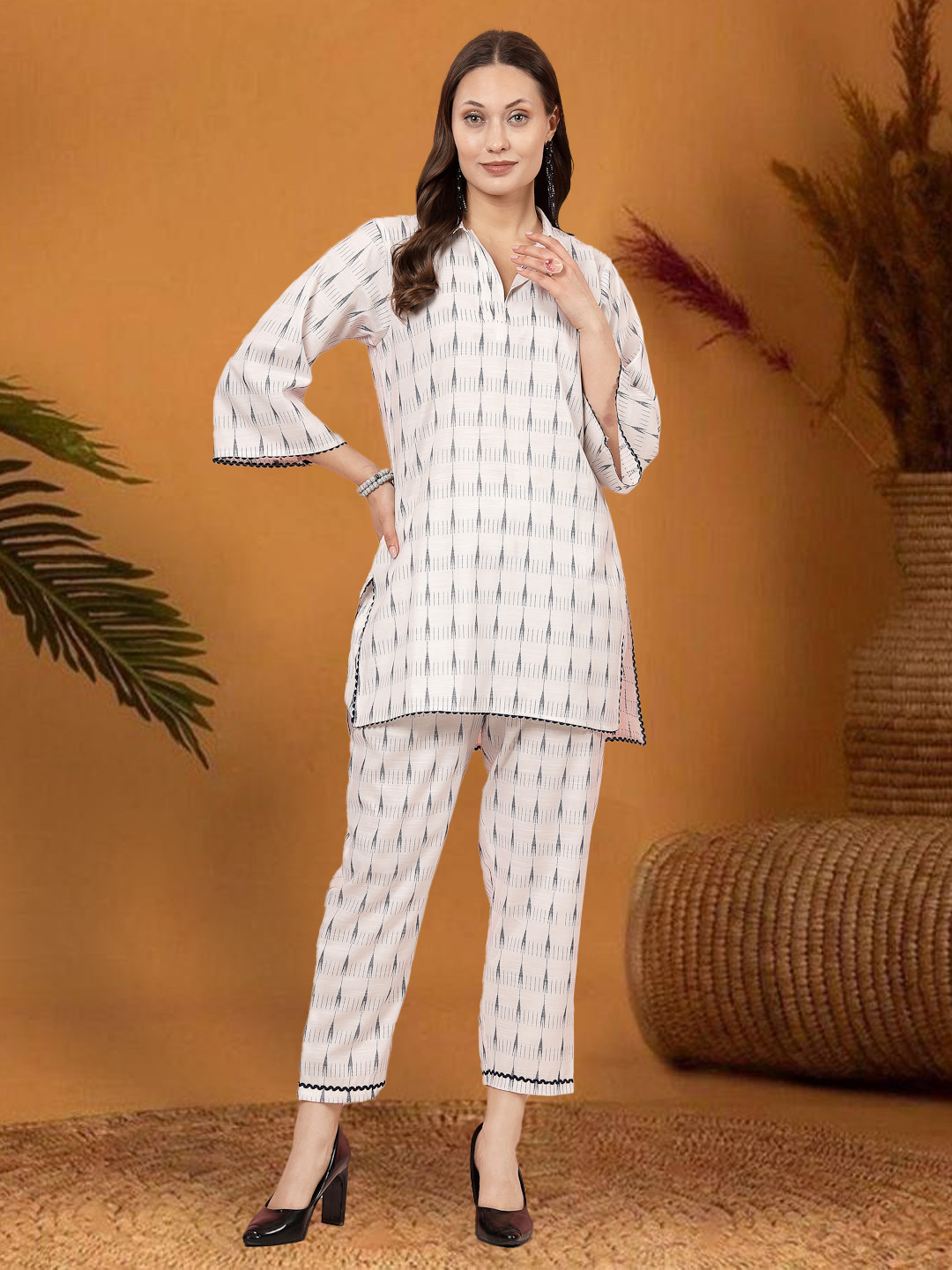 Moda Rapido Ikat Printed Shirt Collar Tunic With Trousers