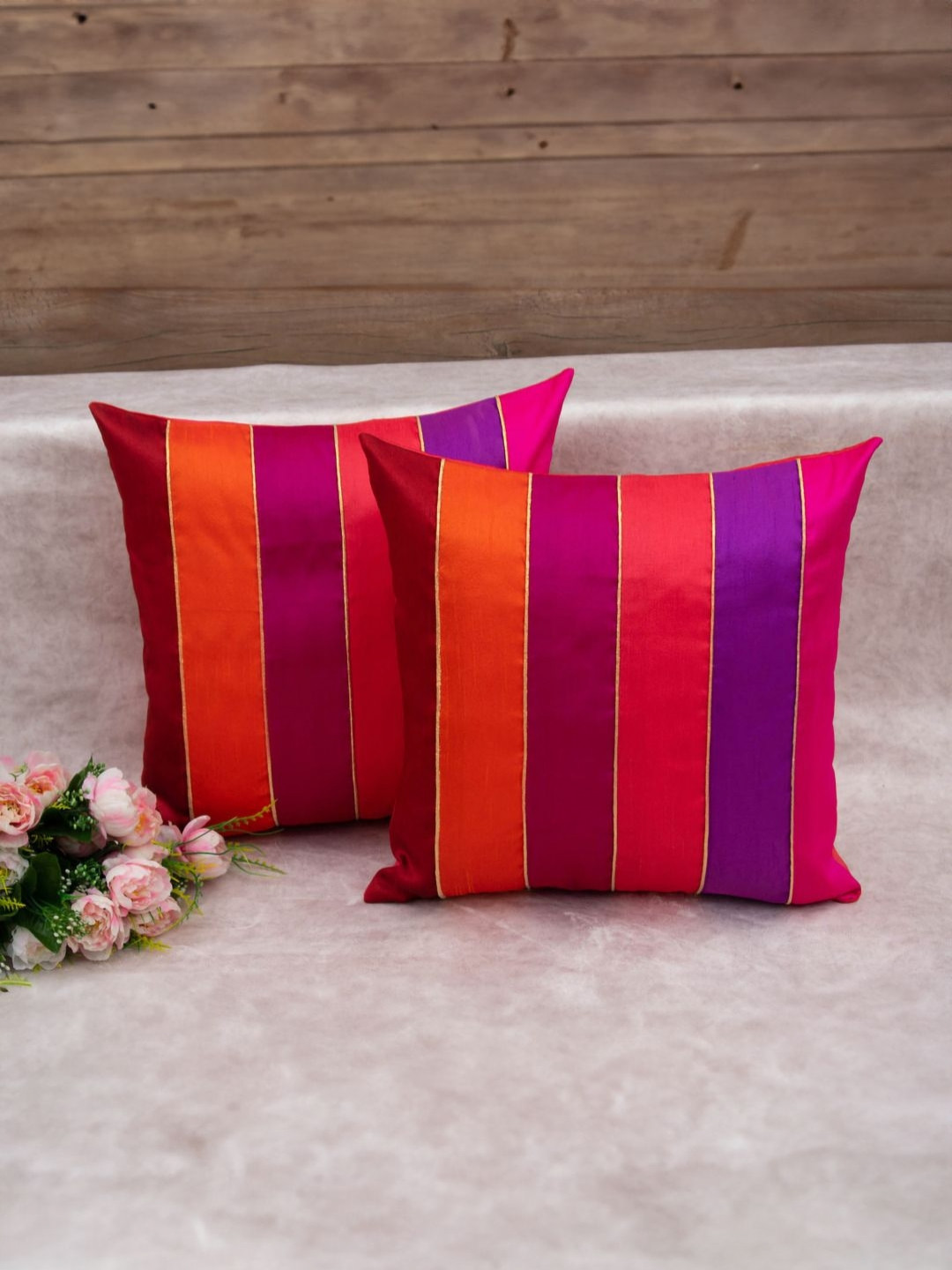 RoyalDeco Premium Magenta & Blue 2 Pieces Silk Striped Square Cushion Covers
