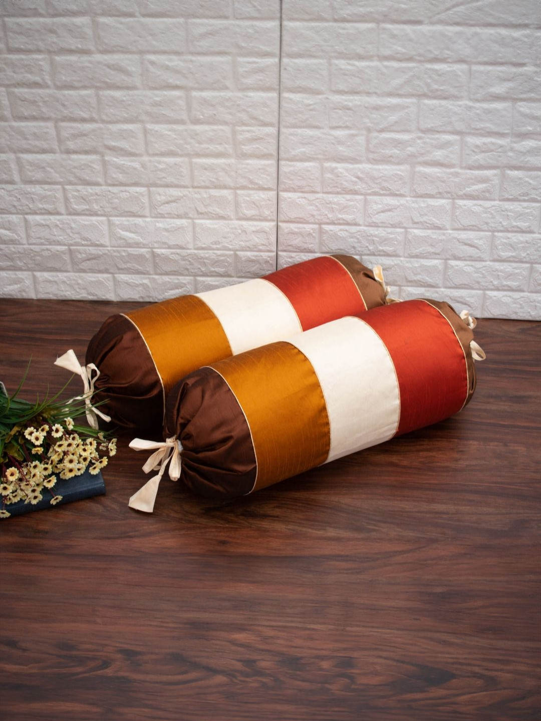 RoyalDeco Brown & White 2 Pieces Shades Designer Silk Bolster Covers