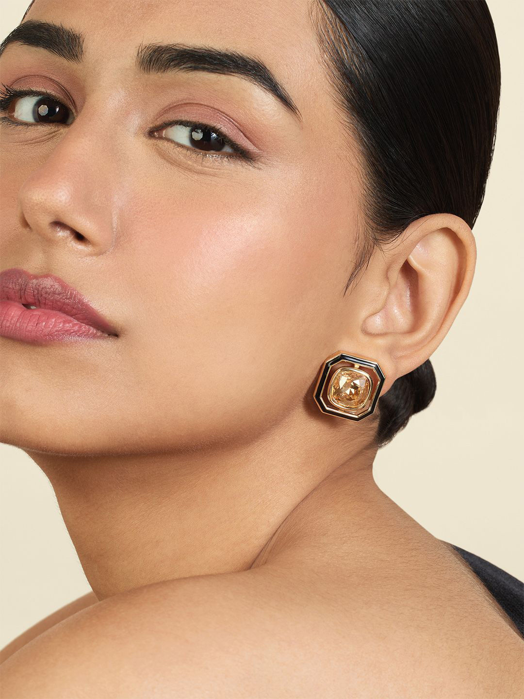 Isharya Mocha Mousse 18Kt Gold-Plated Crystals Square Shaped Studs Earrings