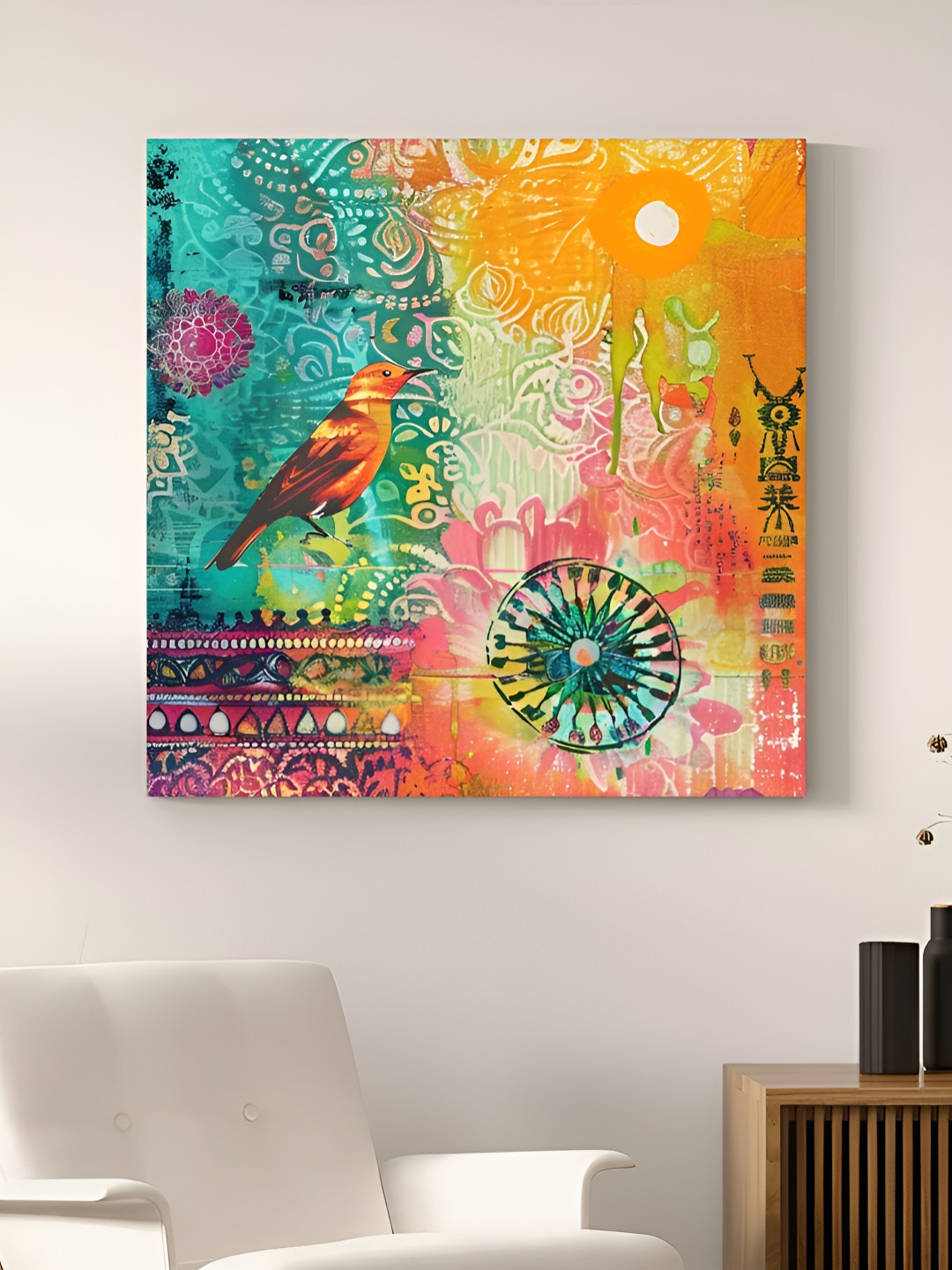 Myntra Elegant Homes Blue & Orange Birds and Animals Printed Canvas Wall Art