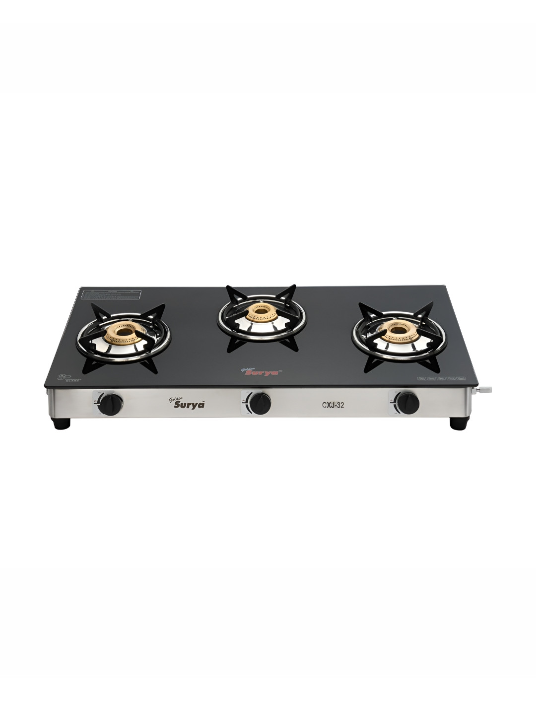 GOLDEN SURYA Black 3 Burners Glass Manual LPG Gas Stove