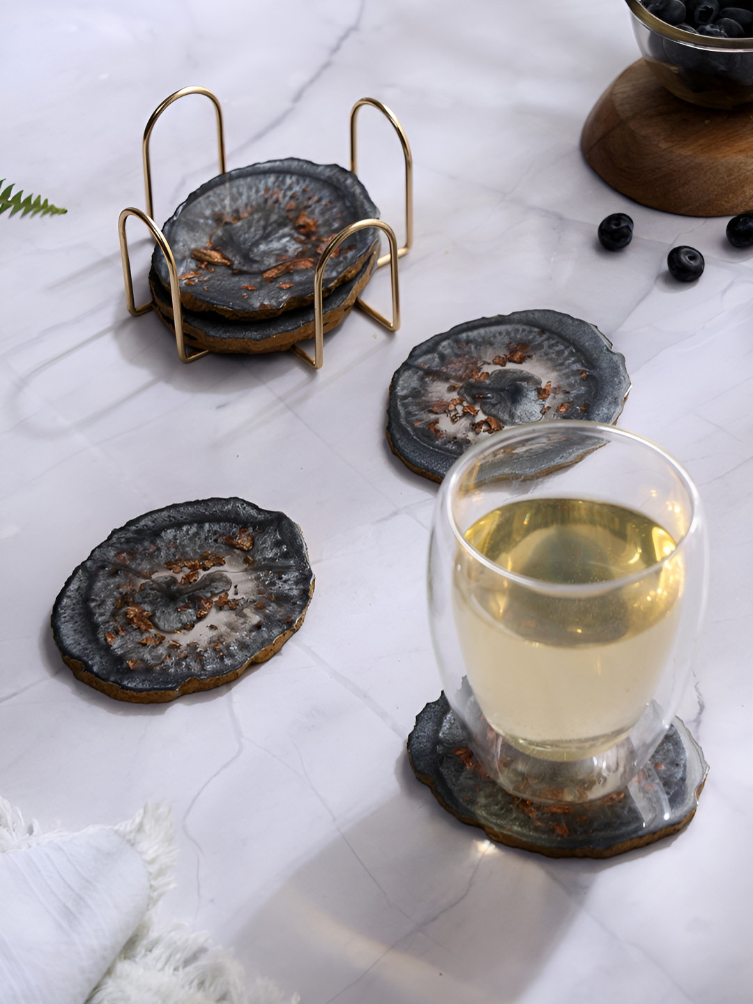 DULI Grey & White 6 Pieces Printed Oval Resin Coasters With Stand