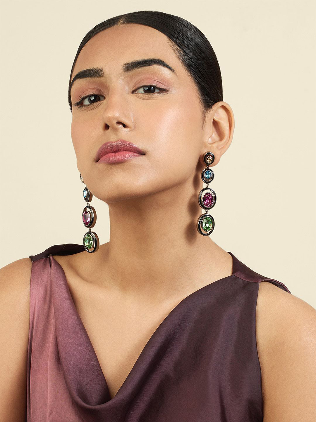 Isharya Seafoam 18Kt Gold Plated Crystals Studded Contemporary Drop Earrings