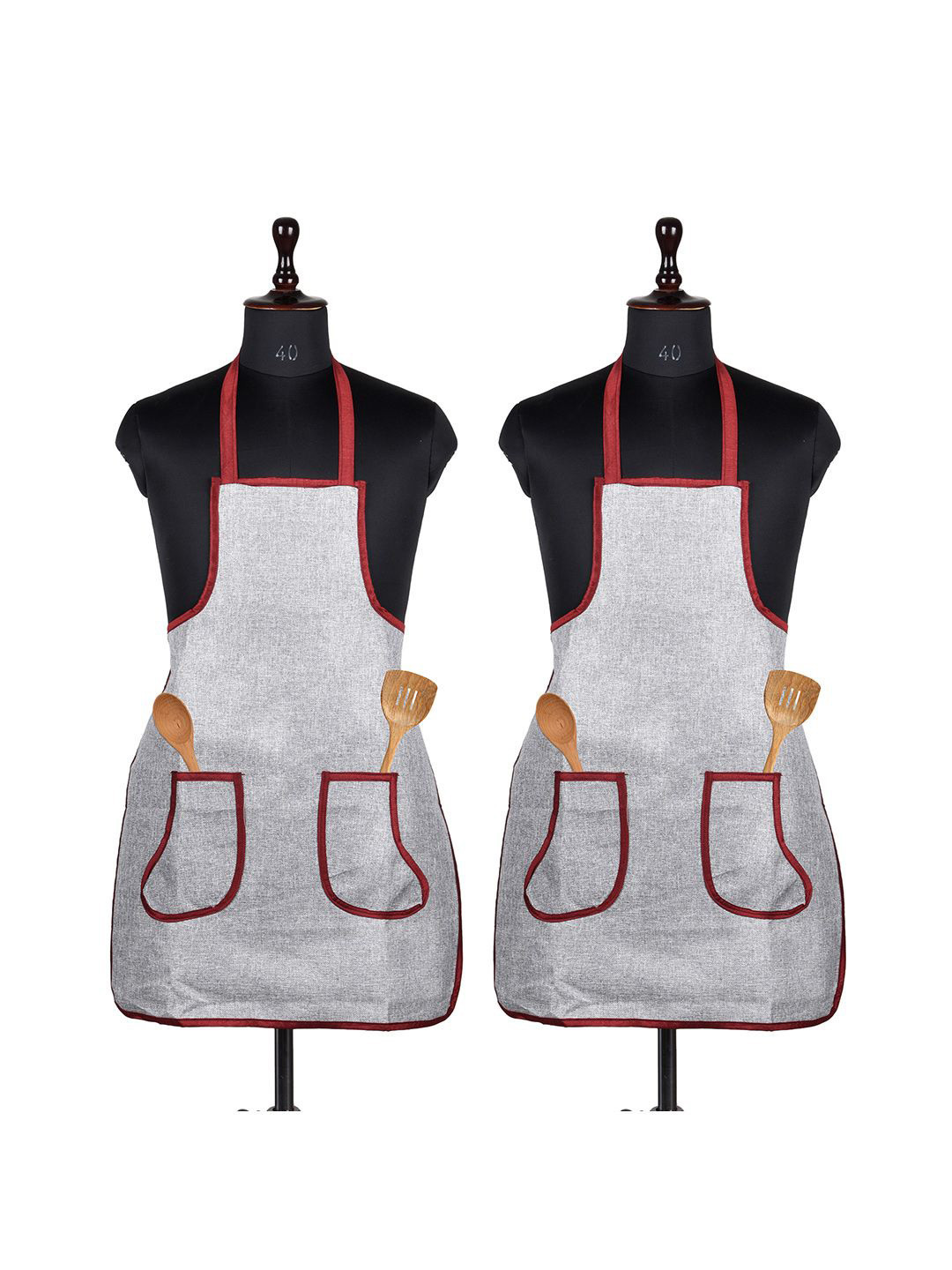 Kuber Industries Silver-Toned and Red 2 Pieces Jute 2 Front Pocket Kitchen Aprons