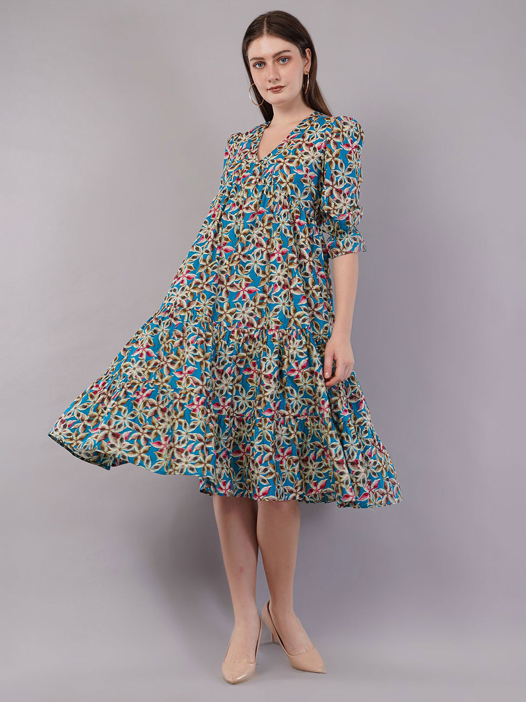 FLY STITCH Floral Print Puff Sleeve Fit & Flare Midi Dress