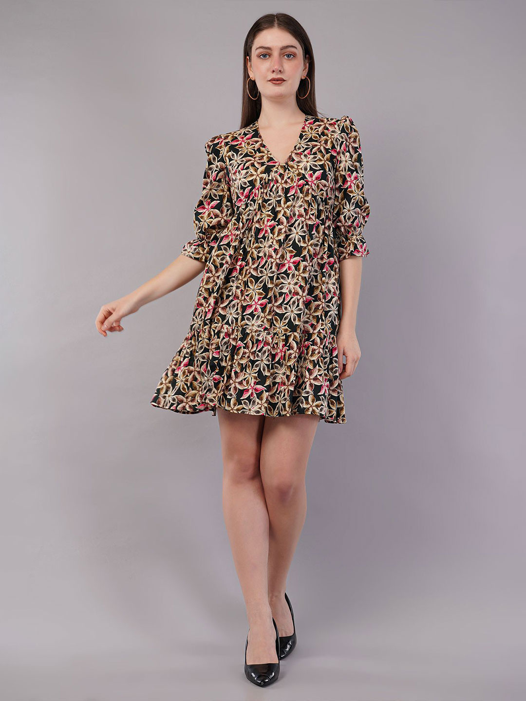 FLY STITCH Floral Print Puff Sleeve Fit & Flare Mini Dress