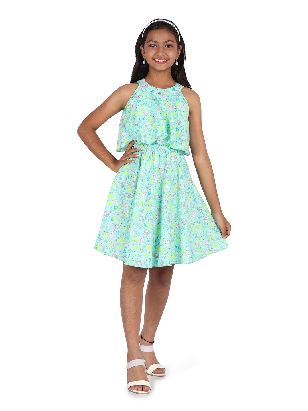 SILK SPARROW Floral Print Halter Neck Fit & Flare Dress