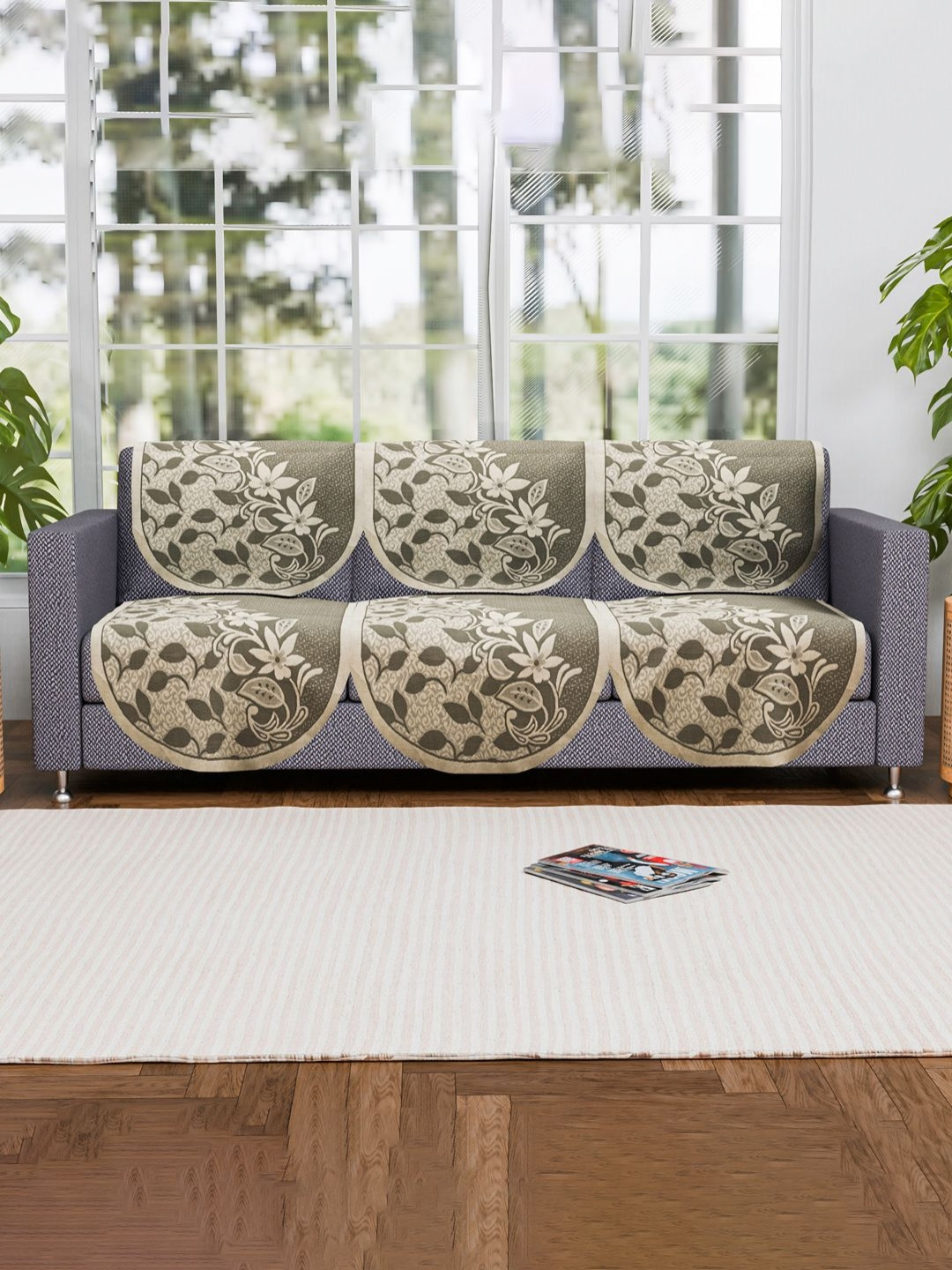 Aura Green & Cream Set of 6 Stylish & Durable Cotton 3 Seater Sofa Cover Sofa Protector