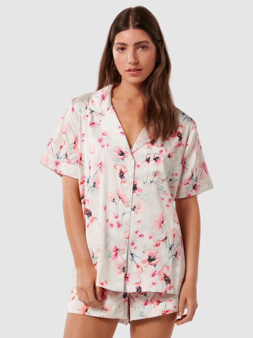 Forever New Allegra Floral Printed Lapel Collar Shirts And Shorts- 9360454560392