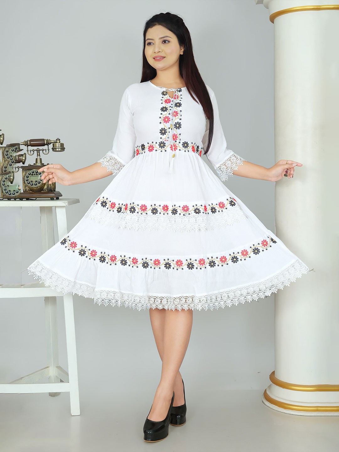 CLASSIC DRESSES Floral Embroidered Round Neck Fit & Flare Knee Length Dress