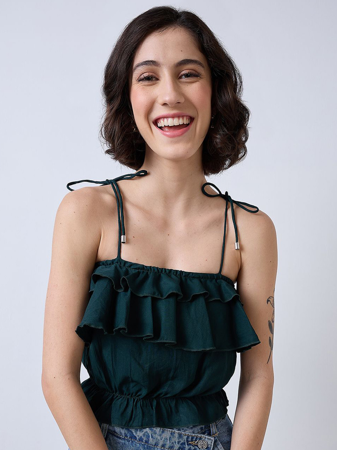SZN Green Square Neck Ruffled Crop Top