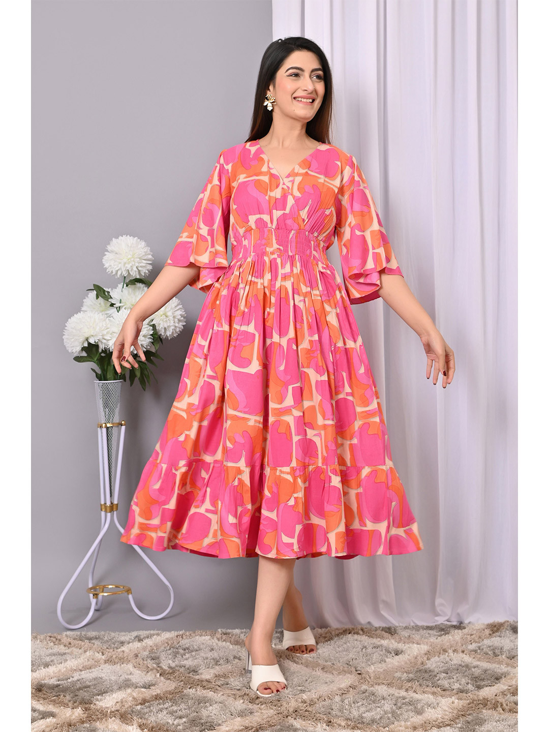 IQRAAR Print Bell Sleeve Fit & Flare Dress