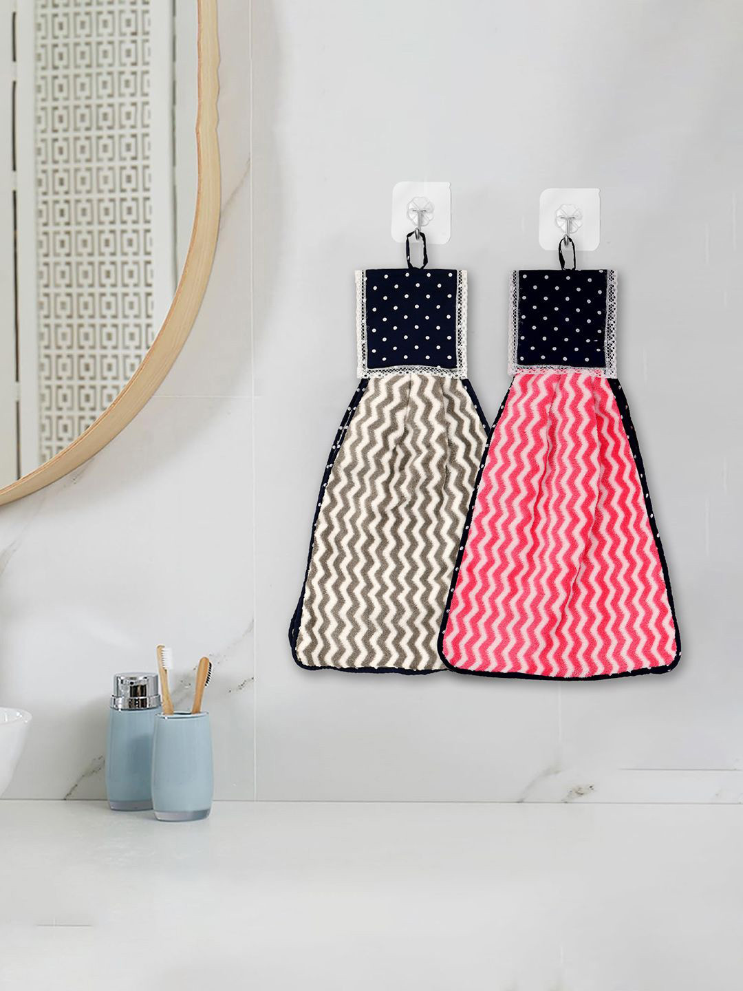 Kuber Industries Pink & Grey 2 Pieces Zig Zag Washbasin Hanging Kitchen Towel With Ties