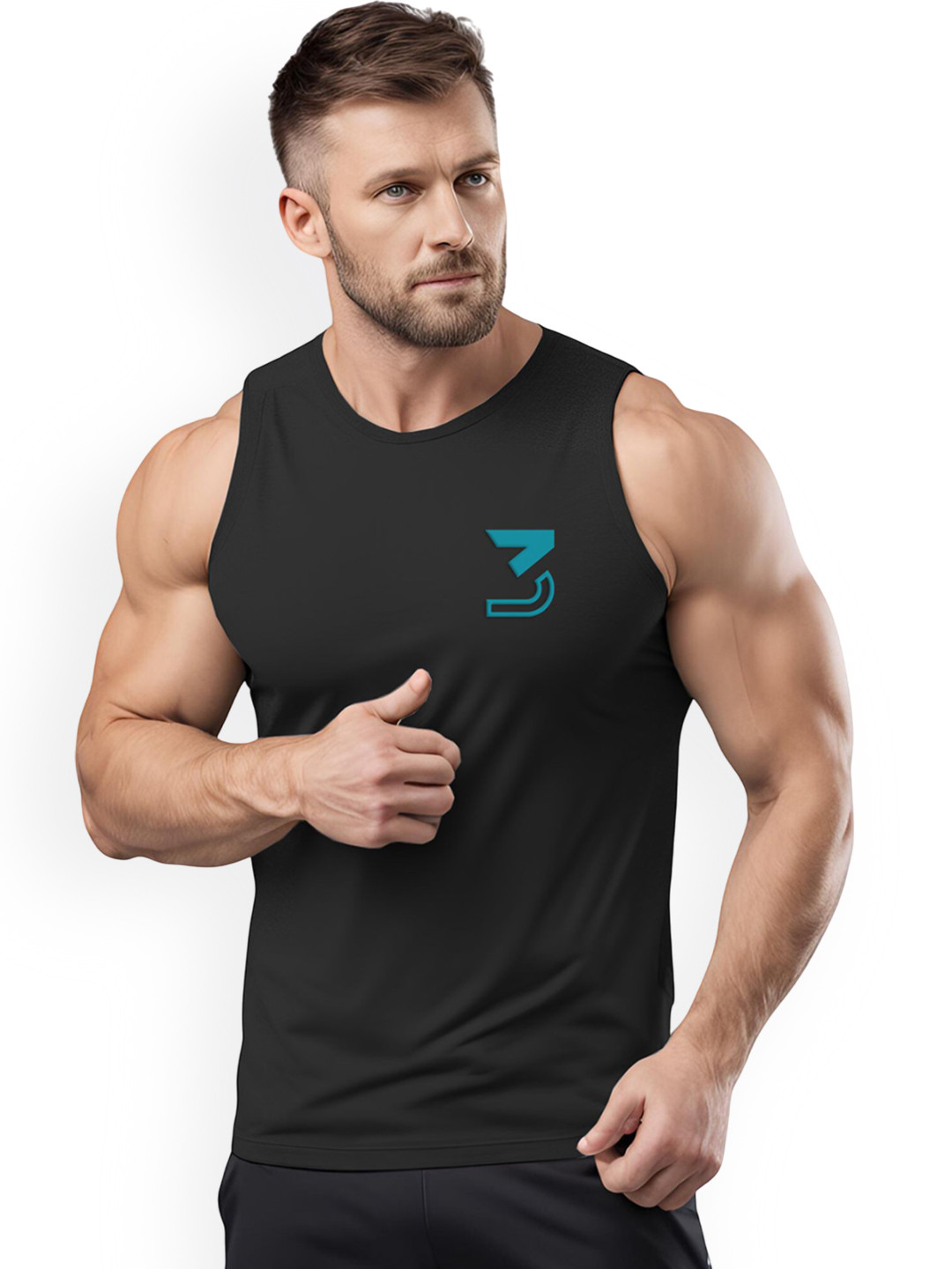 3Colors Printed Round Neck Gym Vest VEST-CCUT-3CHEST-BLK_M