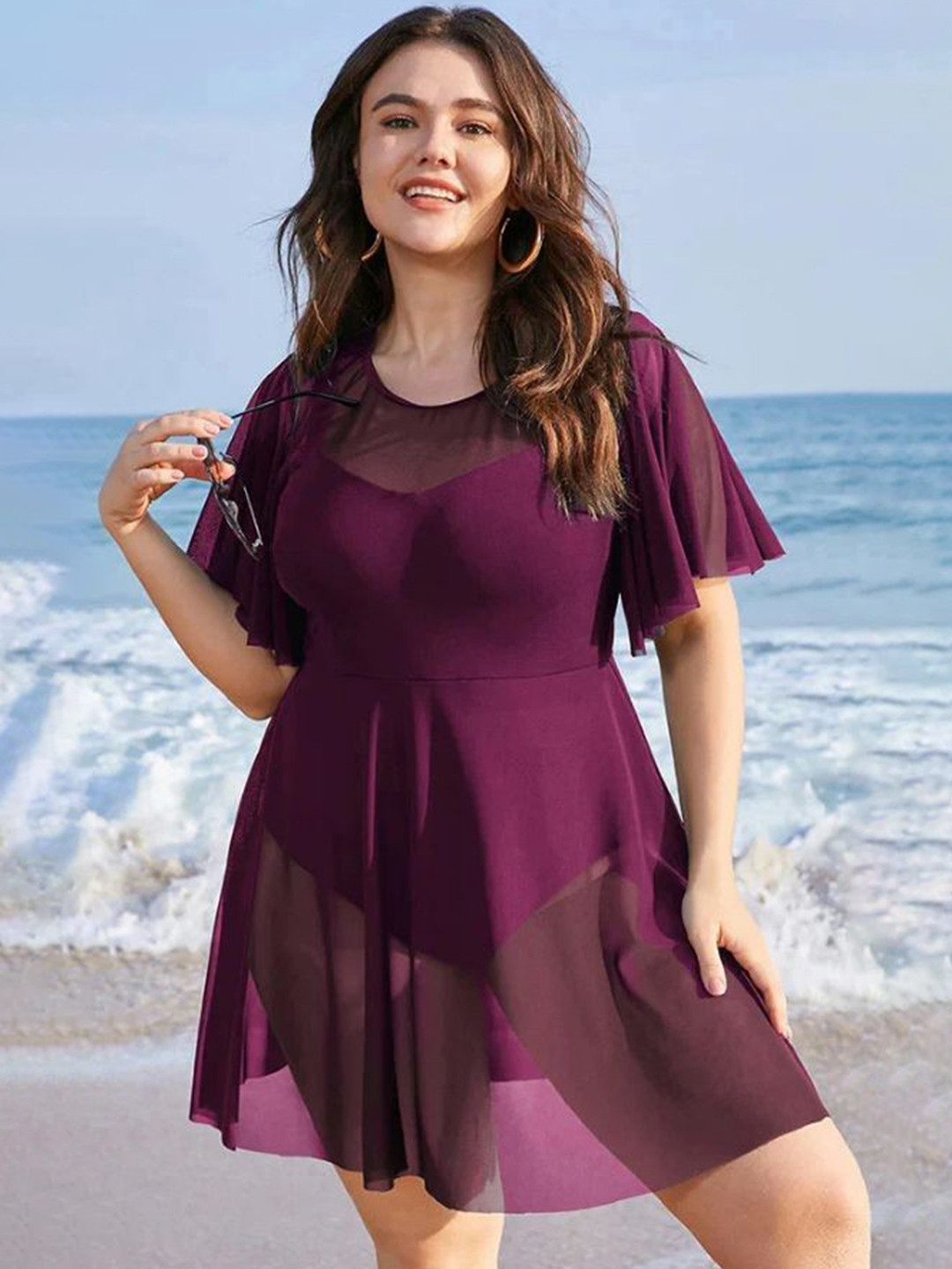 Plus Curvves Plus Size Ruffle Sleeve Swim Dress Cover Up