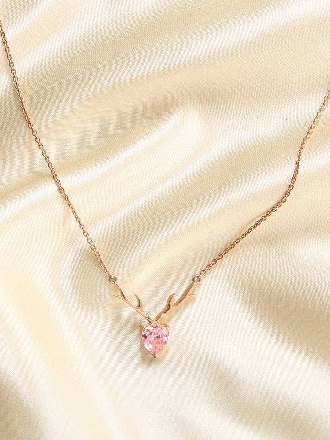 KIORAH Sterling Silver Rose Gold-Plated Cubic Zirconia Studded Statement Deer Necklace