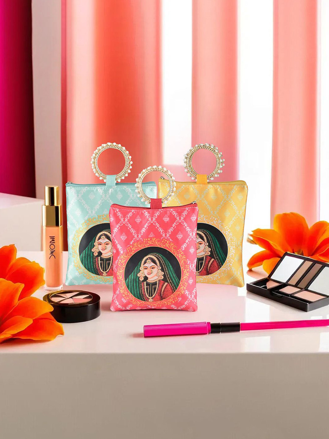 Kuber Industries 3 Pcs Silk Hand Bags for Women Printed Structured Tote Bag