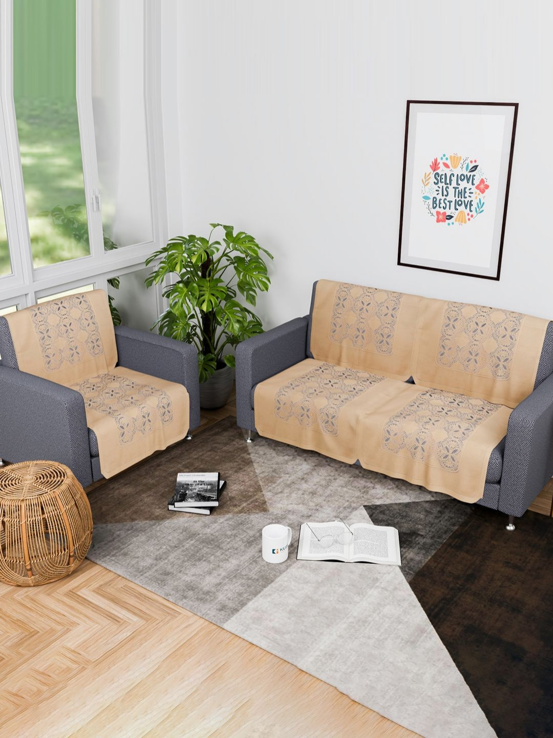 Aura Gold-Toned 6 Pieces Self Design Cotton 3 Seater Sofa Cover