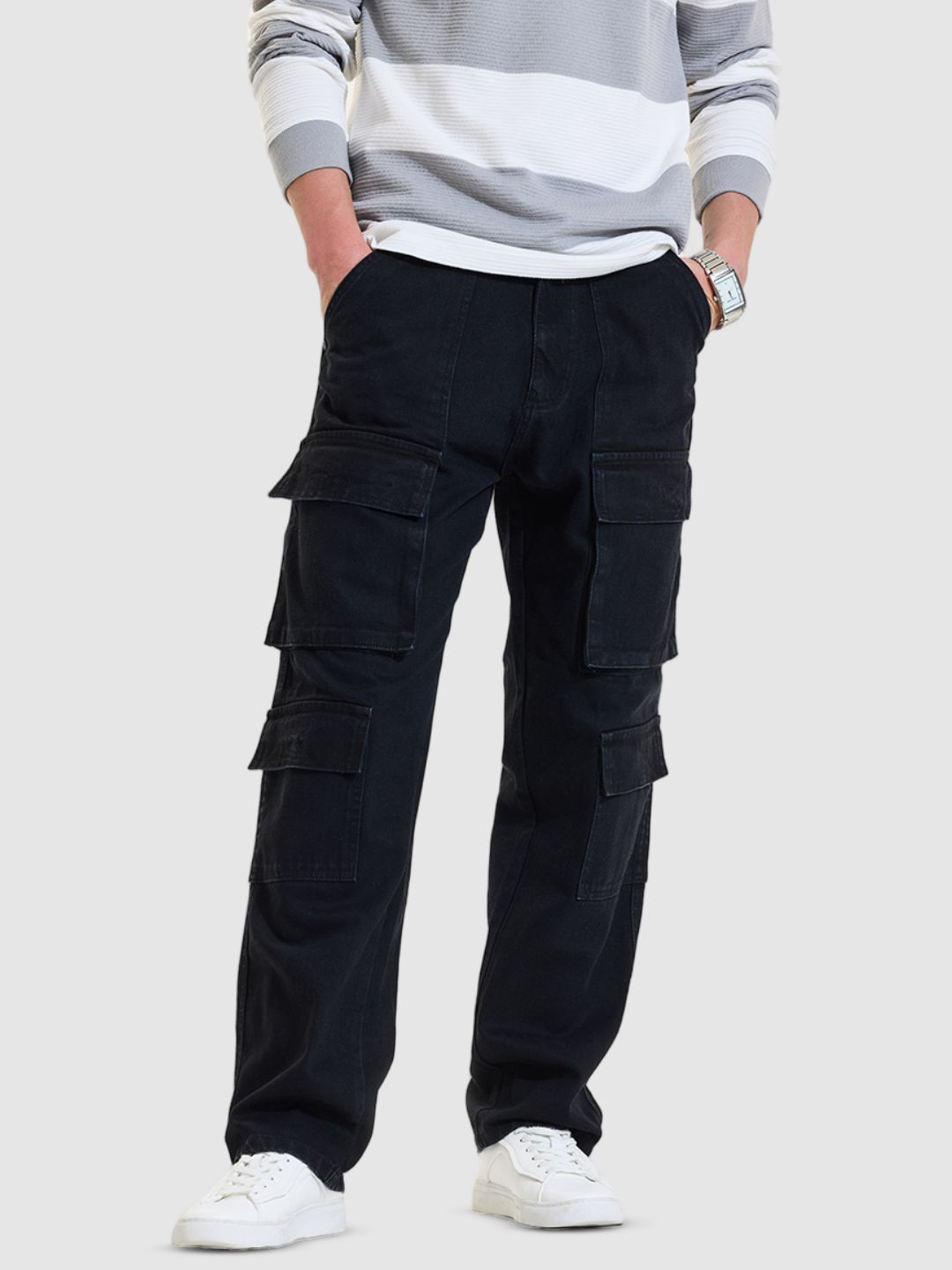 Snitch Men Black Relaxed Fit Jeans Cargo Trousers