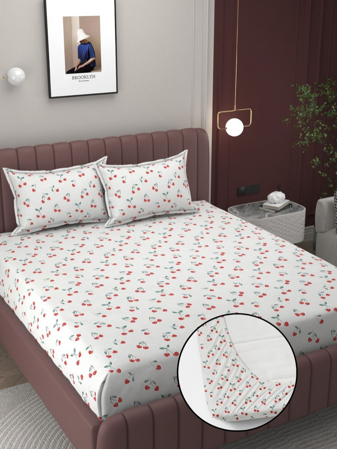 Bromwick Red Cherry White Conversational Cotton 300 TC Fitted King Superfine Bedsheet with 2 Pillow Covers-74 x 78 inches