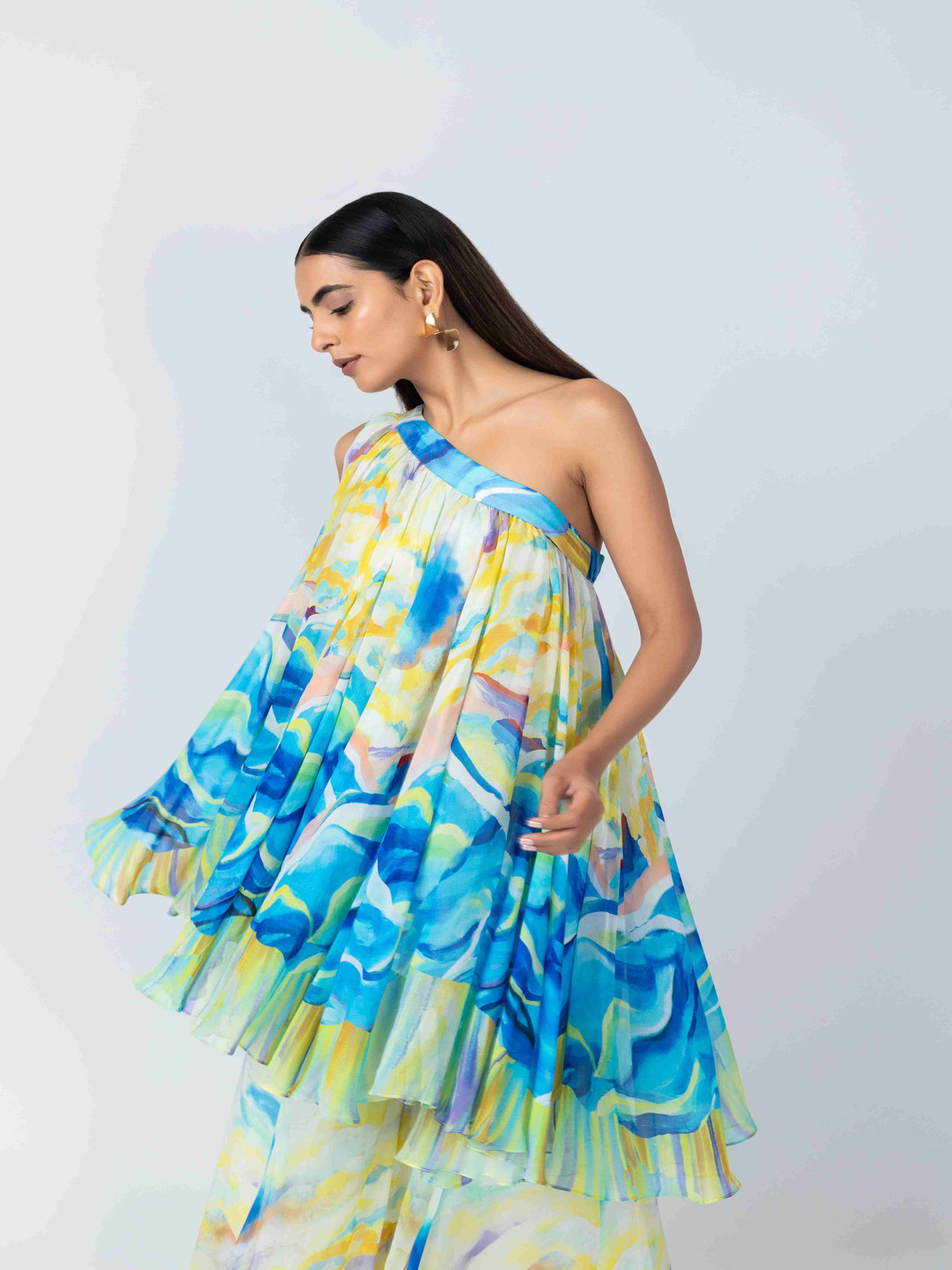 Label Naariti Abstract Printed One Shoulder Georgette Anarkali Kurta