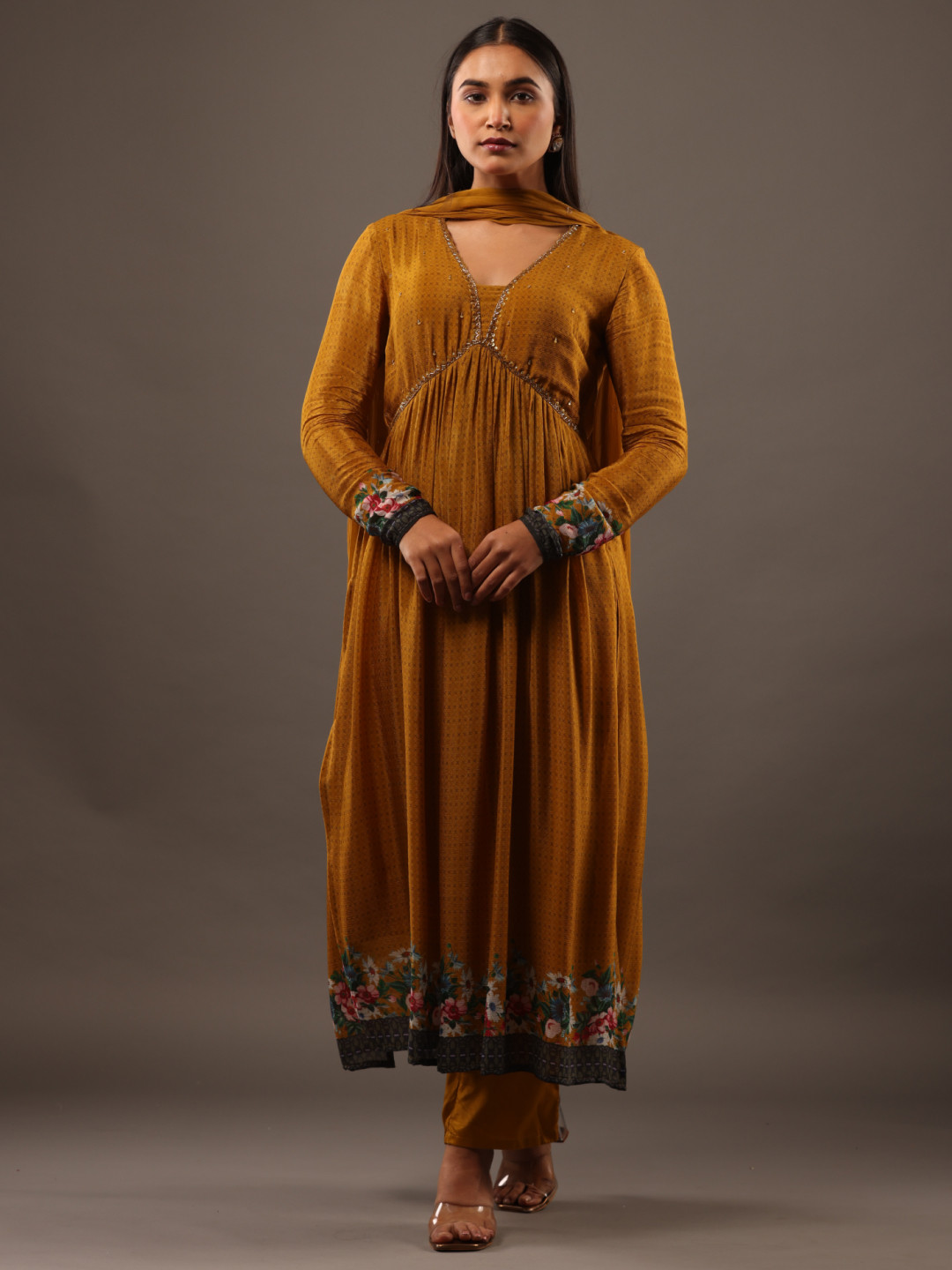 Sindh Fashion Women Floral Panelled Beads and Stones Kurta with Trousers & With Dupatta