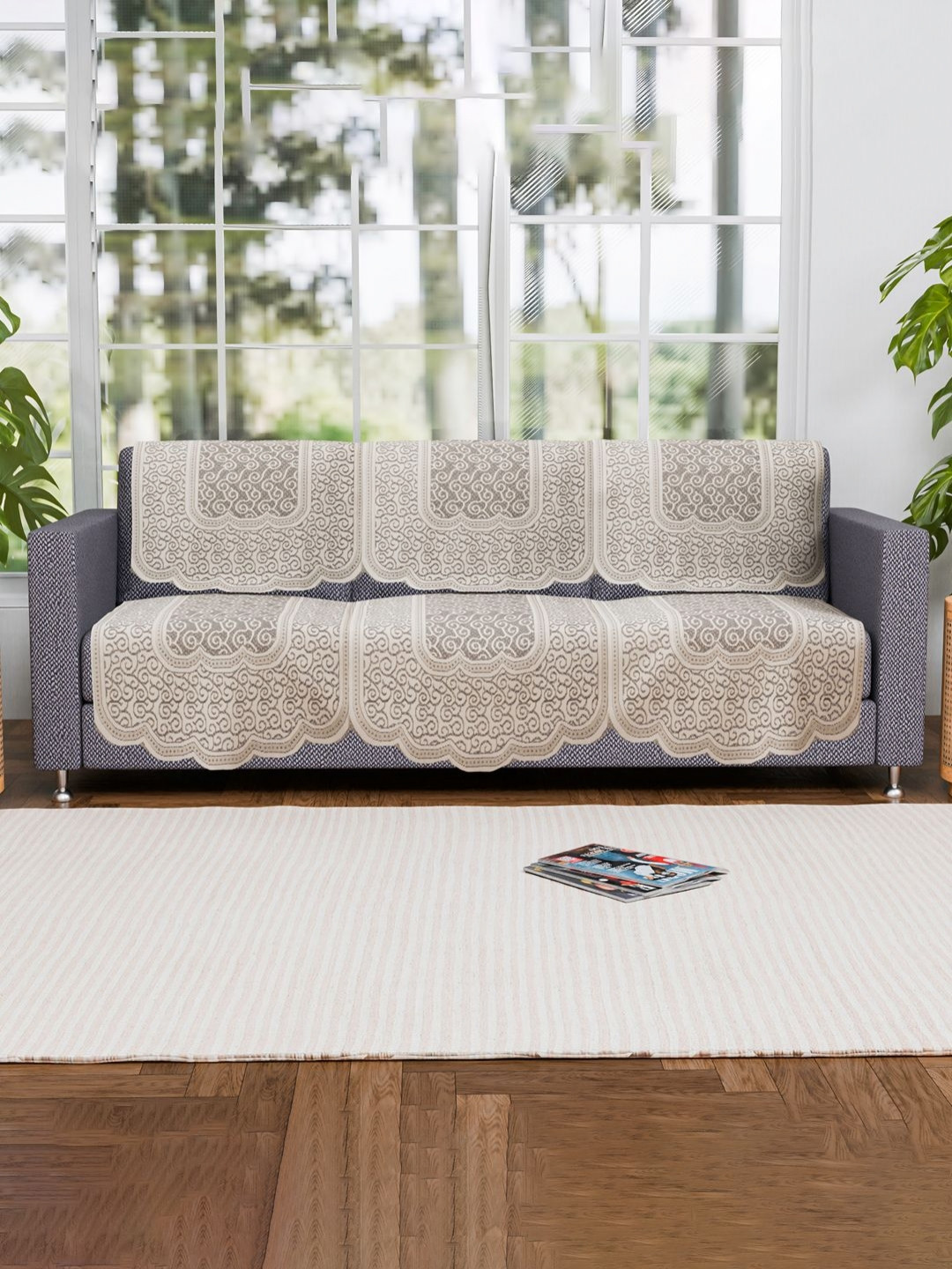 Aura 6 Pieces Cream Self Design Stylish & Durable Cotton 3 Seater Sofa Covers