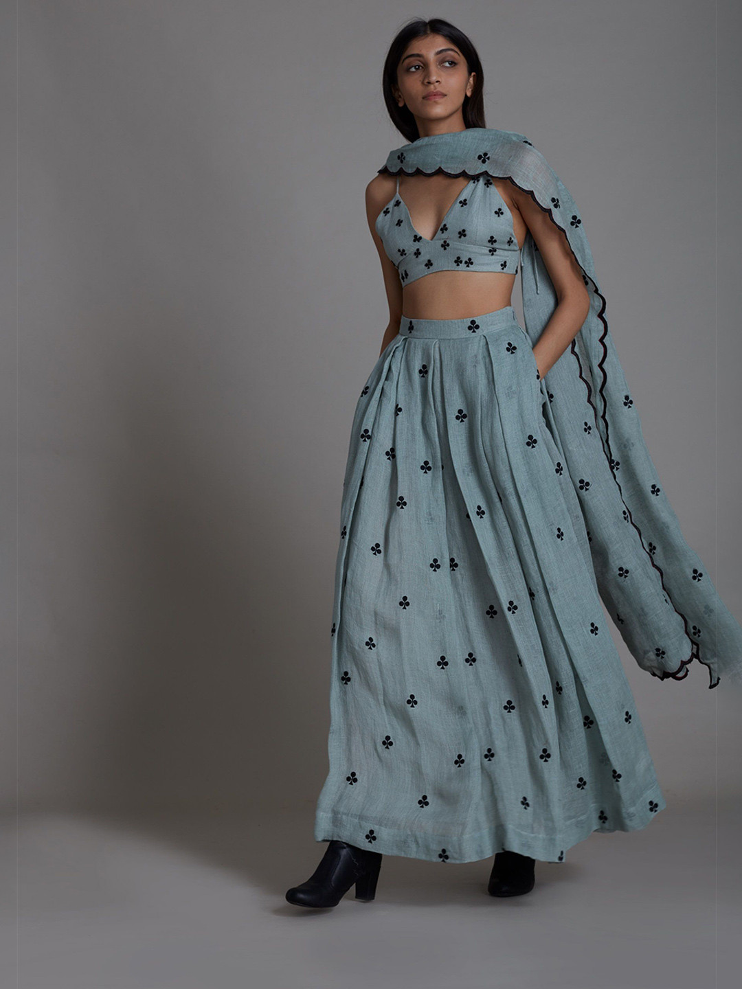 MATI Geometric Printed Plunge Neck Club Counter Cotton Blouse With Lehenga & Dupatta