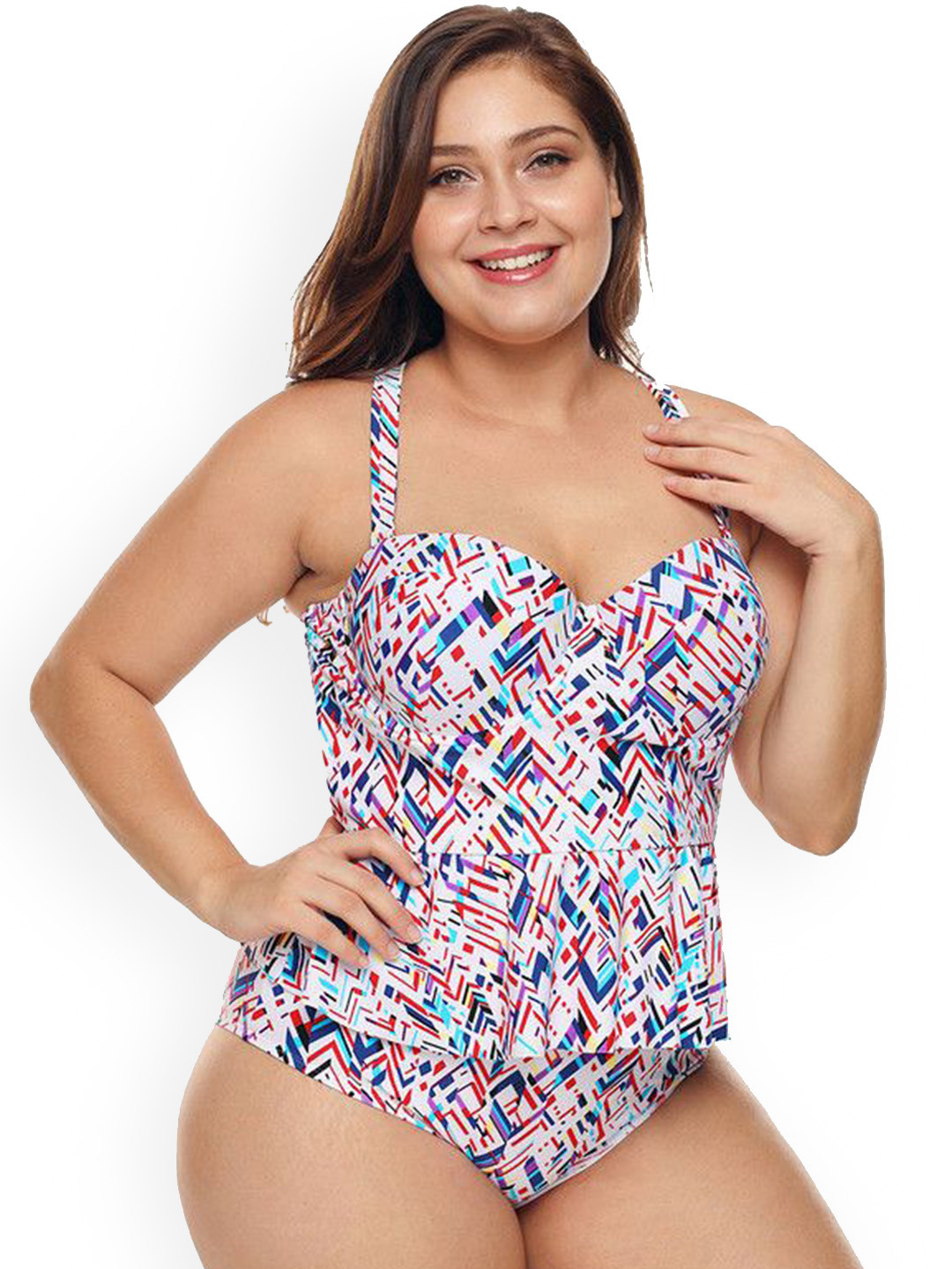Plus Curvves Printed Plus Size Moulded Cups Peplum With Bikini Set