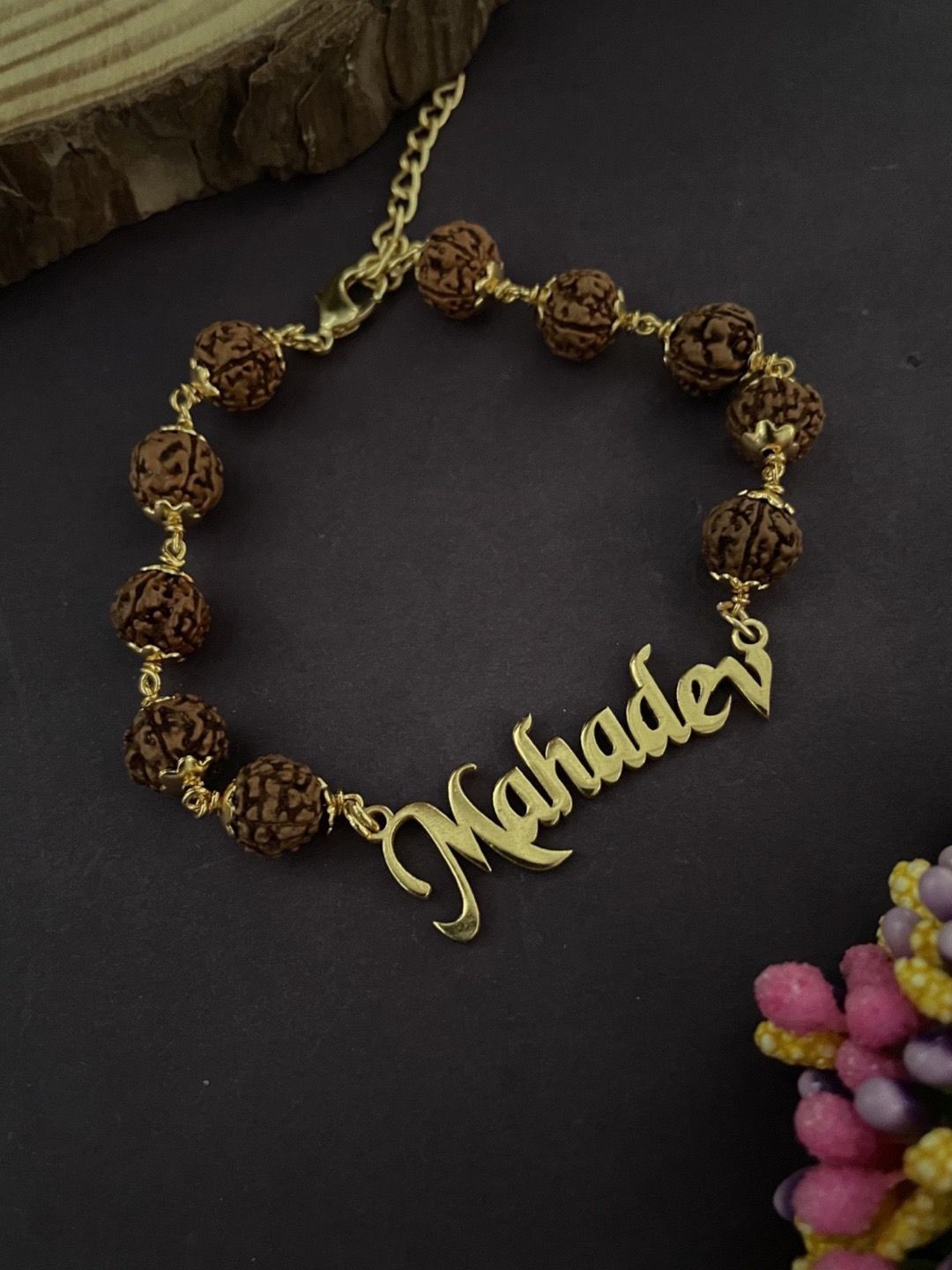 Digital Dress Room Men Gold-Plated Mahakal Rudraksha Link Bracelet