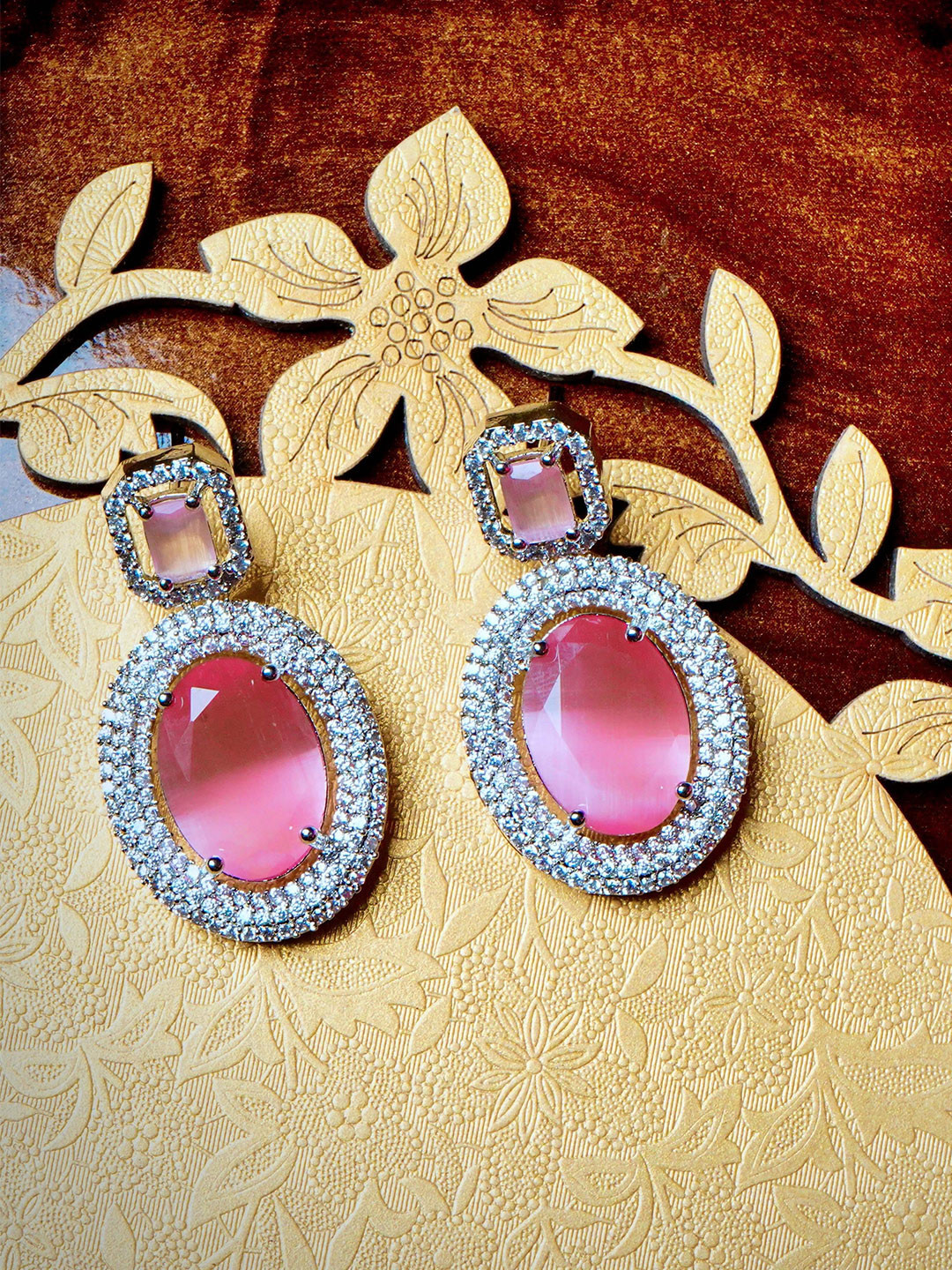 Gemron Jewel Rhodium-Plated American Diamond  Studdded Oval Drop Earrings