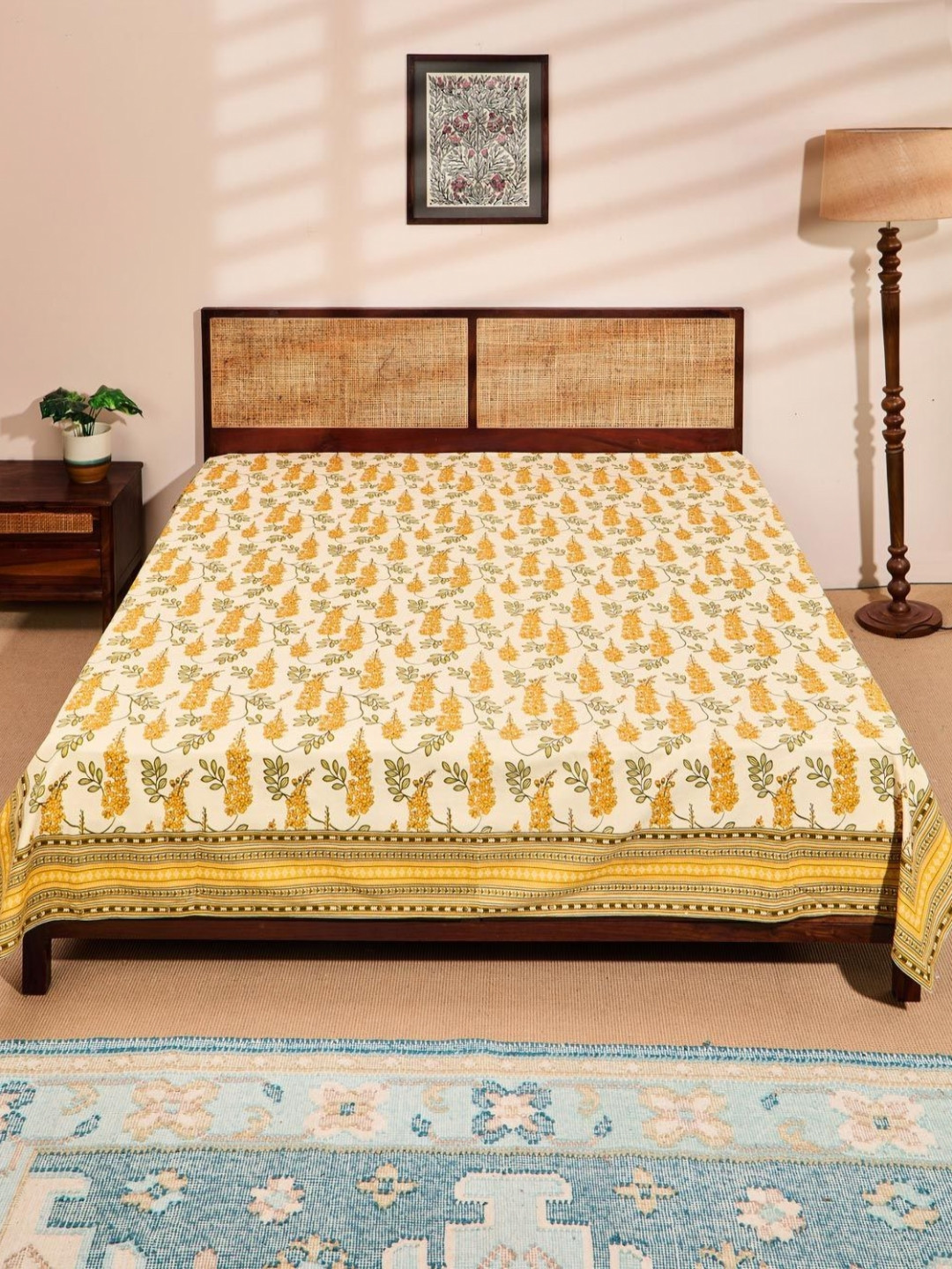 Fabindia Yellow And Beige Printed Cotton Double Queen BedCovers