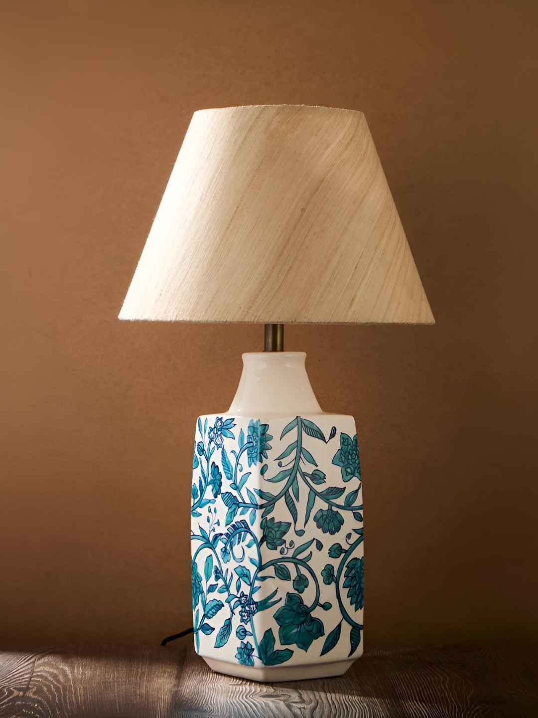 Fabindia Teal & Beige Printed Contemporary Frustum Ceramic Table Lamp With Bulb